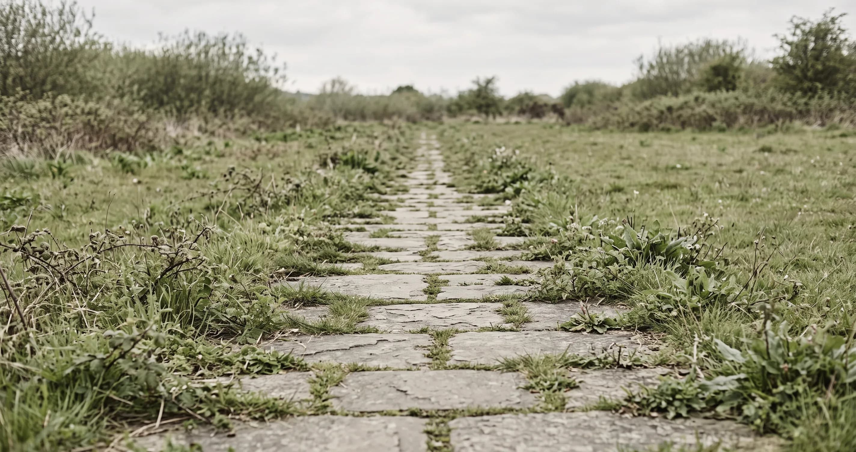 A garden path partly overgrown, with the paving still visible beneath.