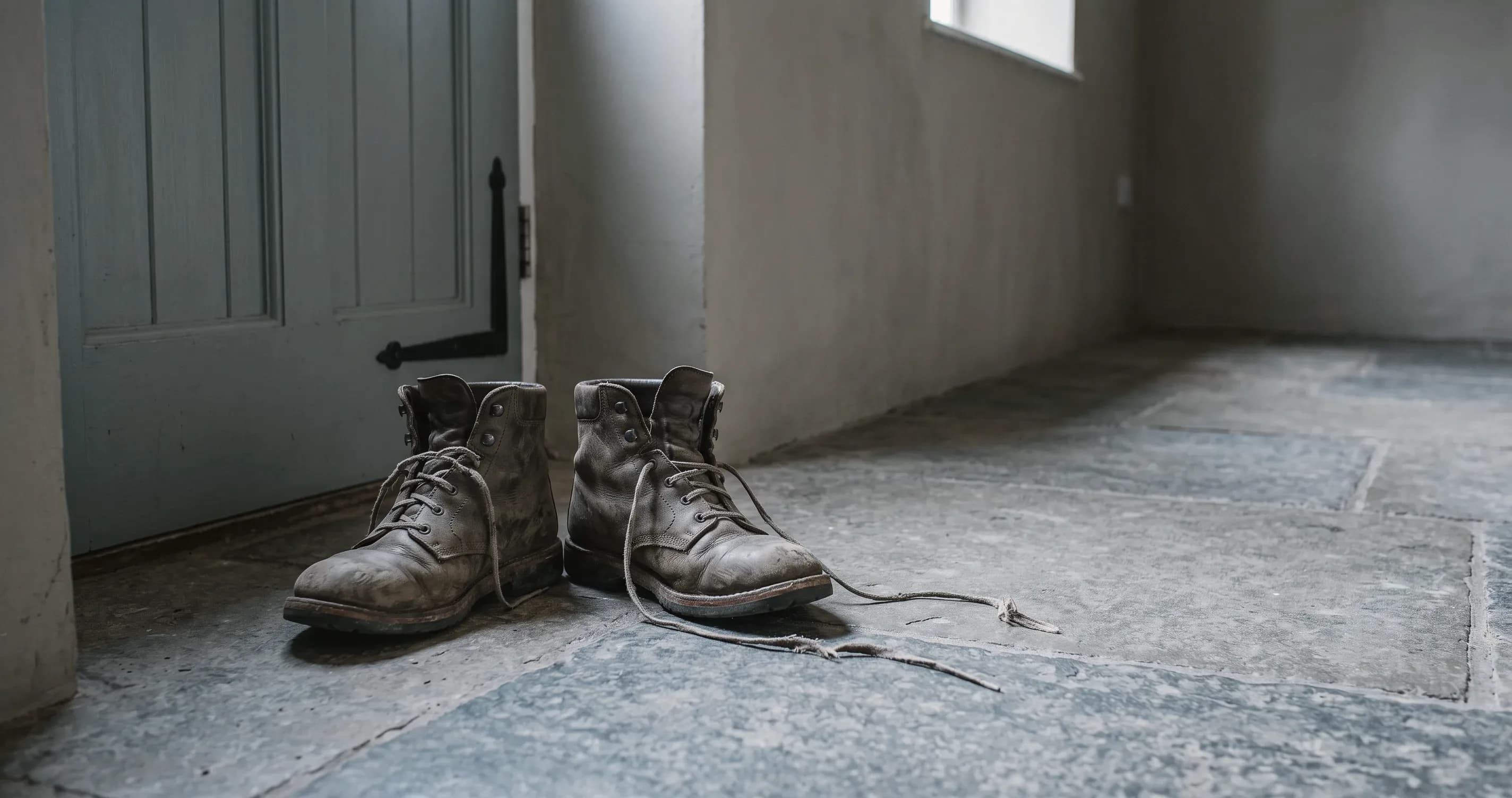 A pair of walking boots by a door, one lace undone.