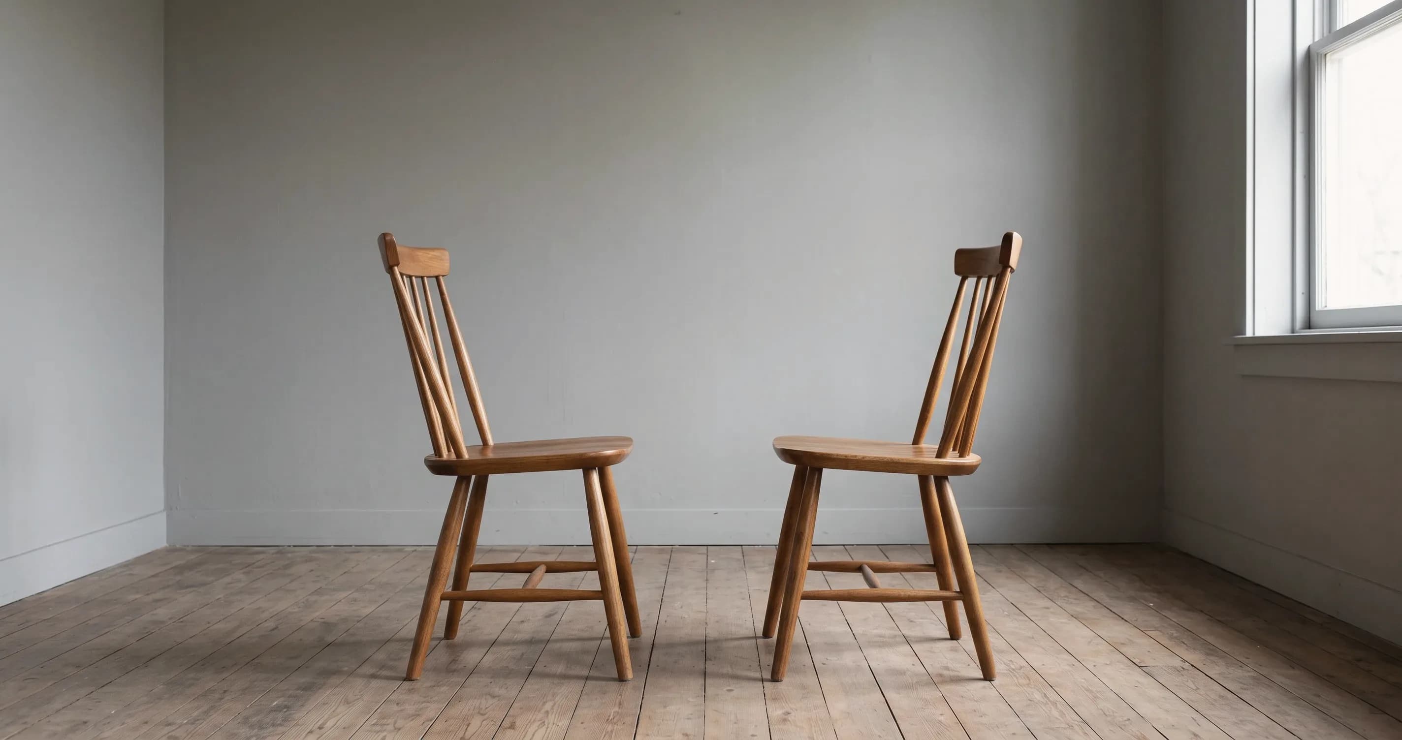 An empty chair facing another empty chair in a plain room.