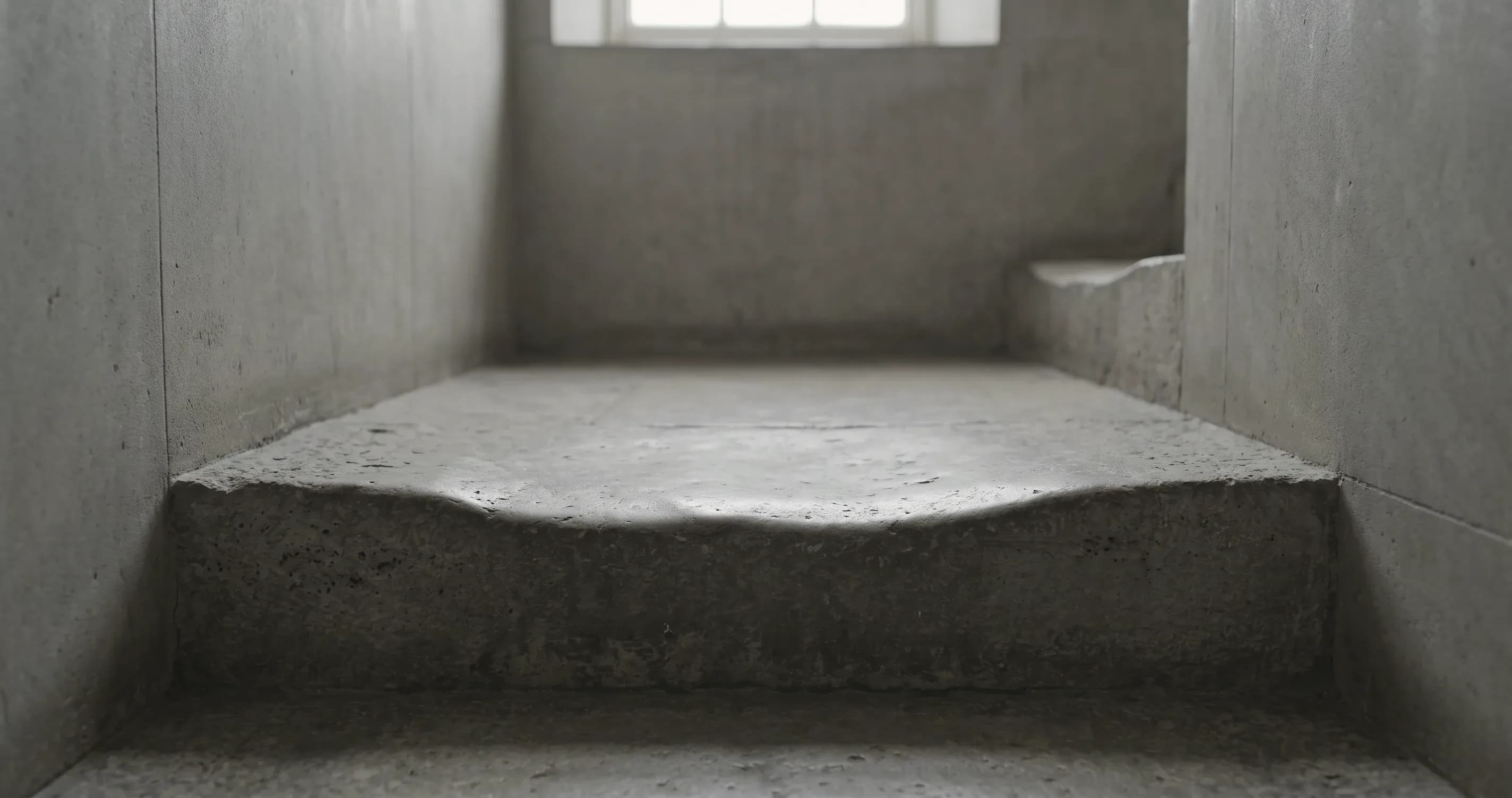 A single stair tread in an otherwise plain stairwell.