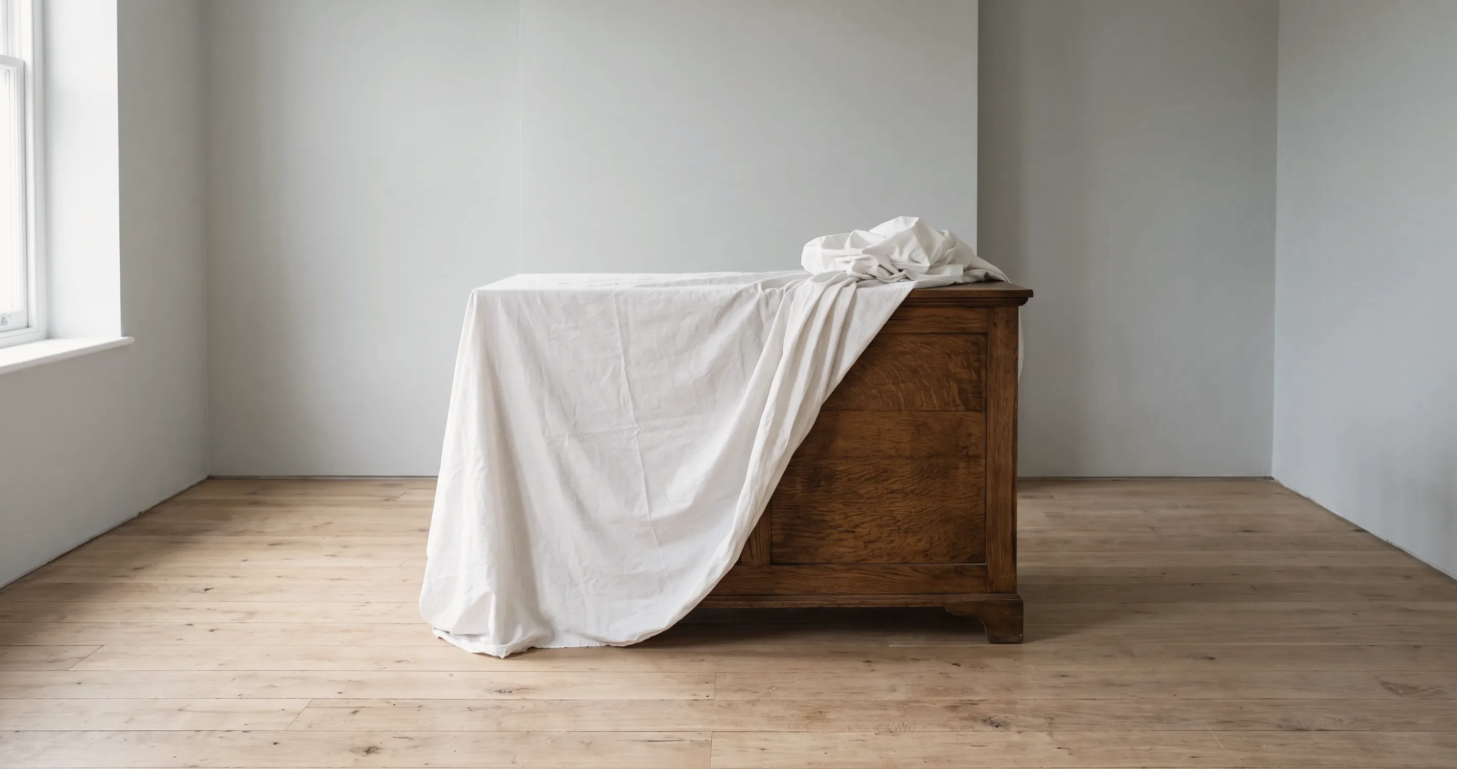 A dust sheet pulled back from a piece of furniture in an unused room.