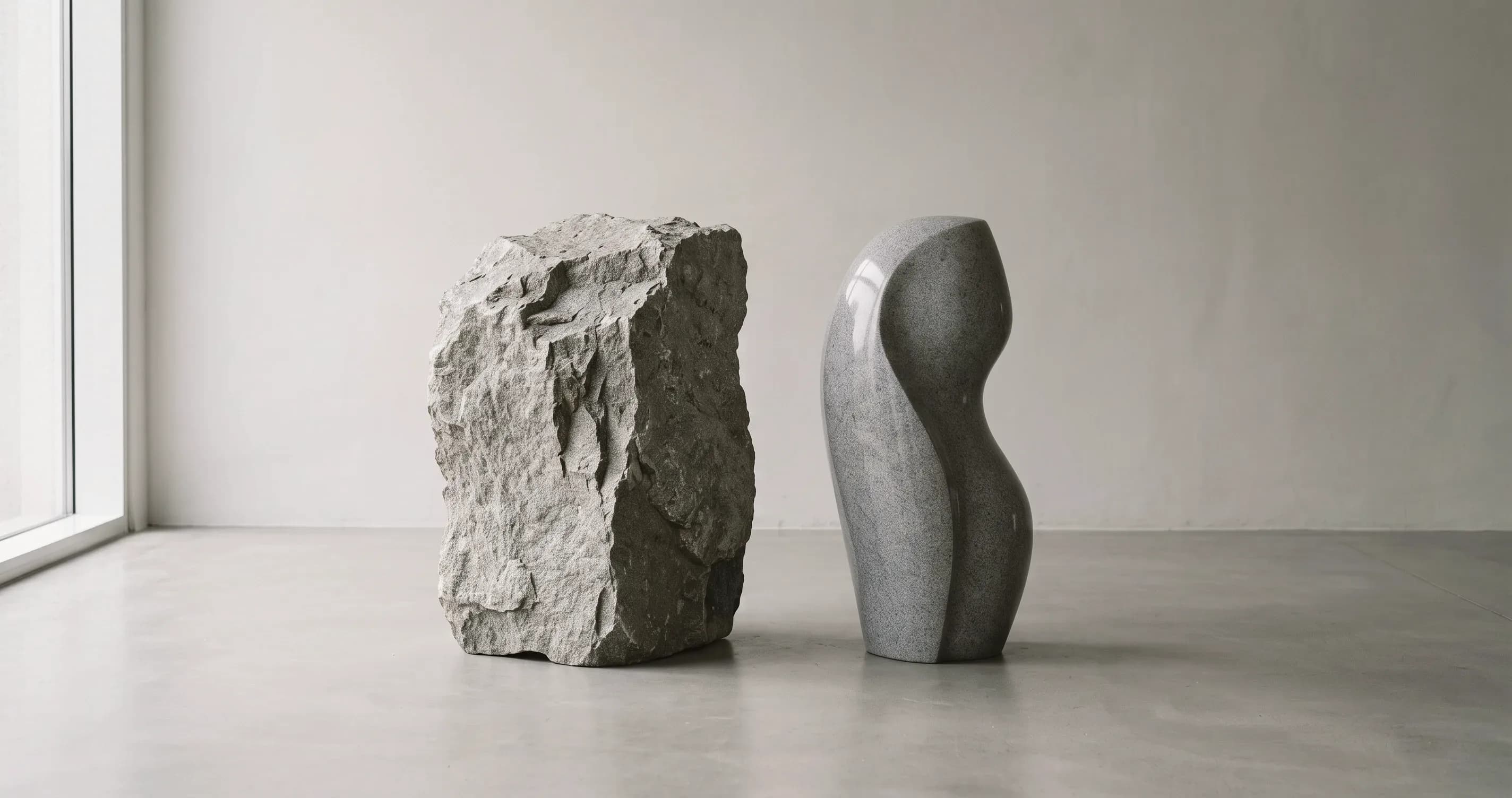 A finished sculpture standing beside a block of uncarved stone.
