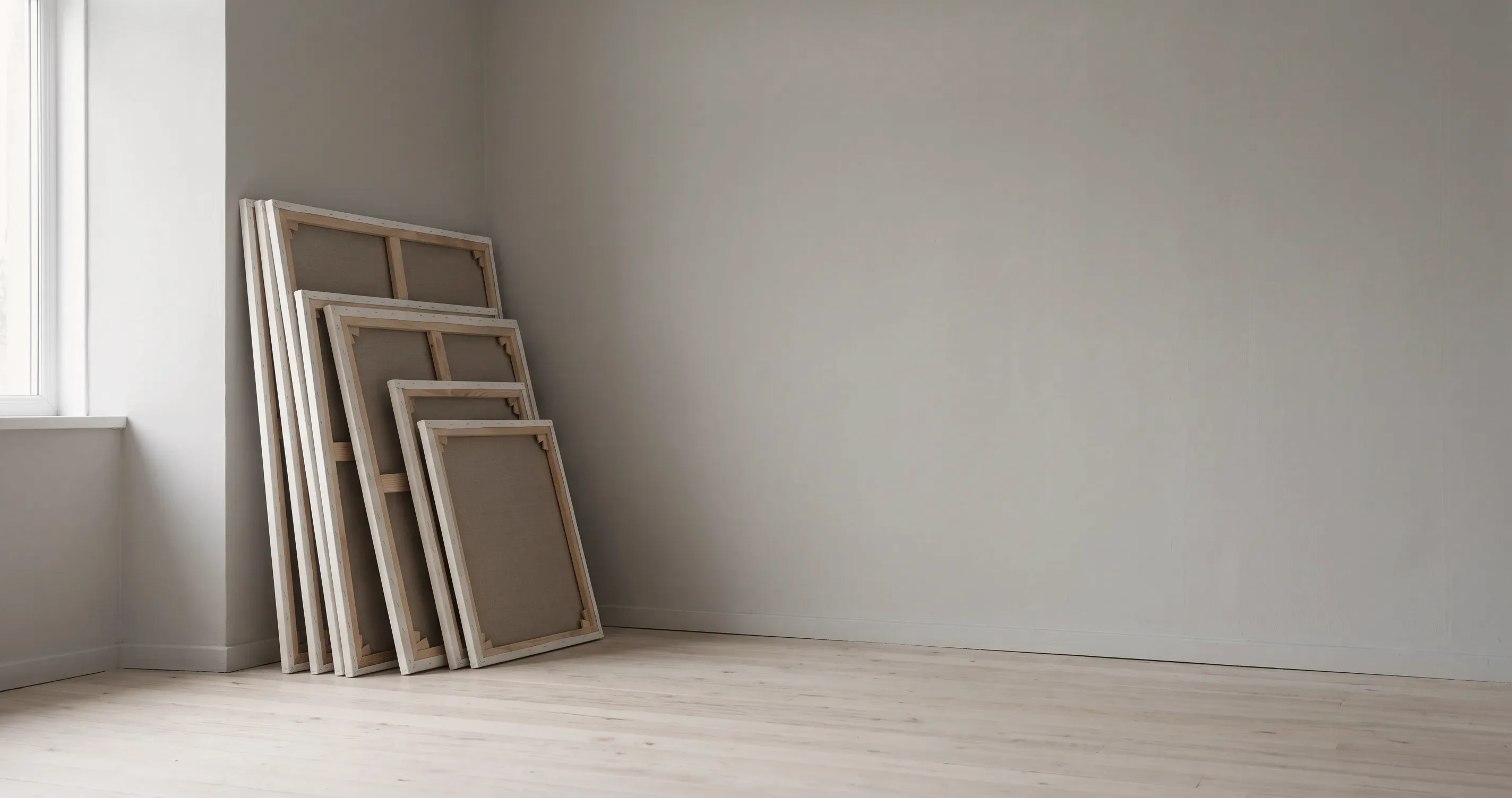 A stack of canvases turned face to the wall in a corner of a room.