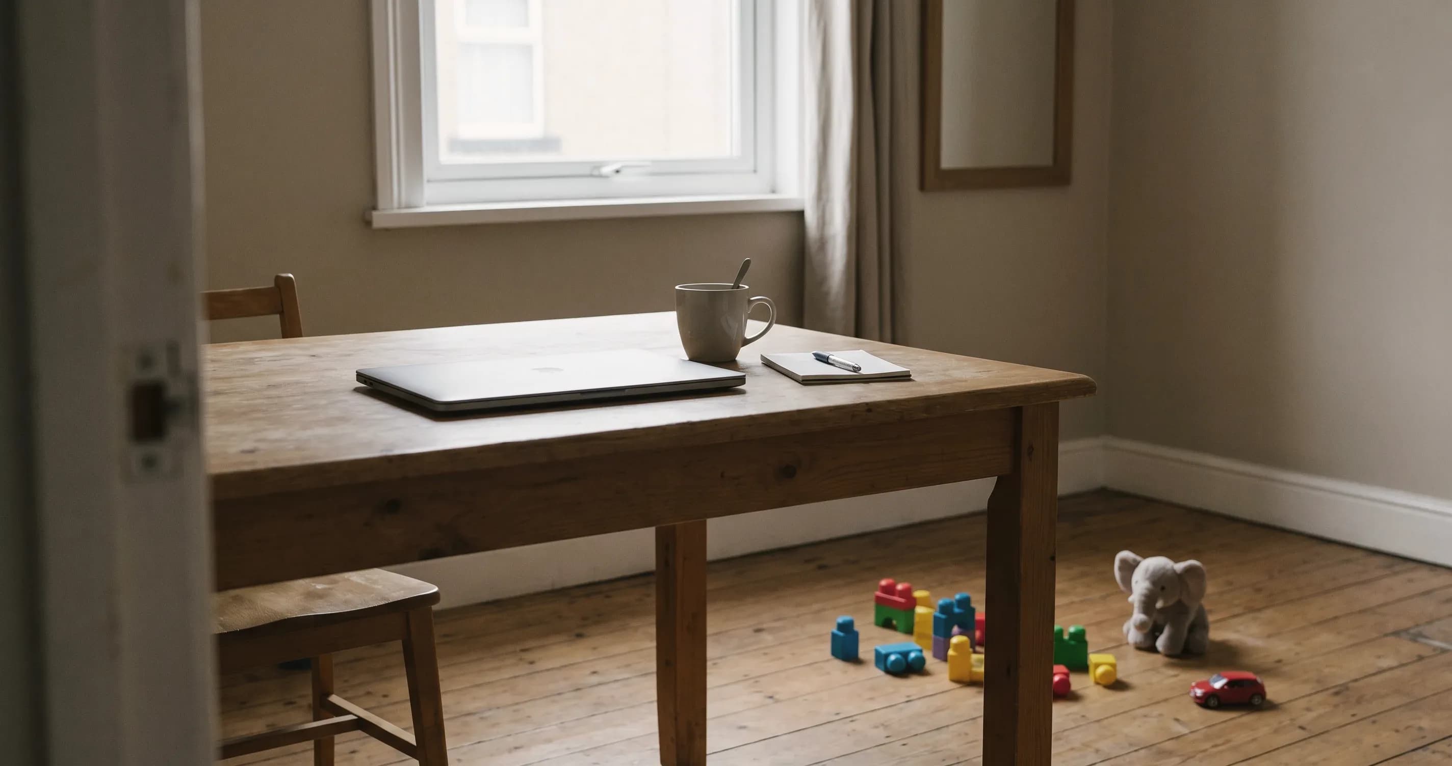 A kitchen table with a laptop closed on it, toys visible on the floor nearby.