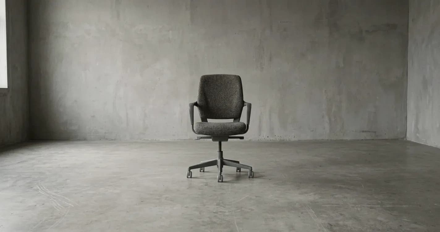 A single office chair in an otherwise empty room with bare walls.