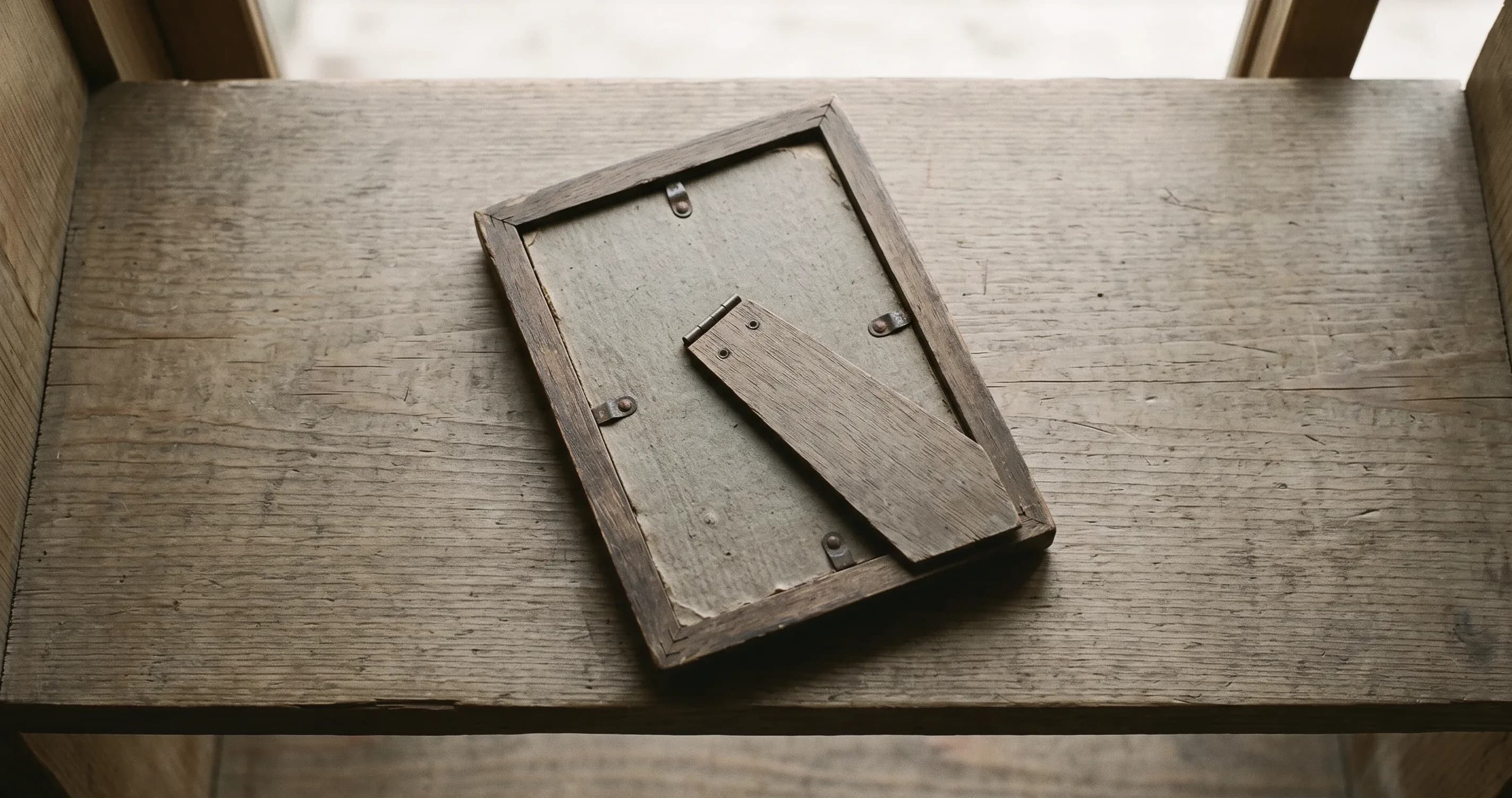 An old framed photograph face down on a shelf.