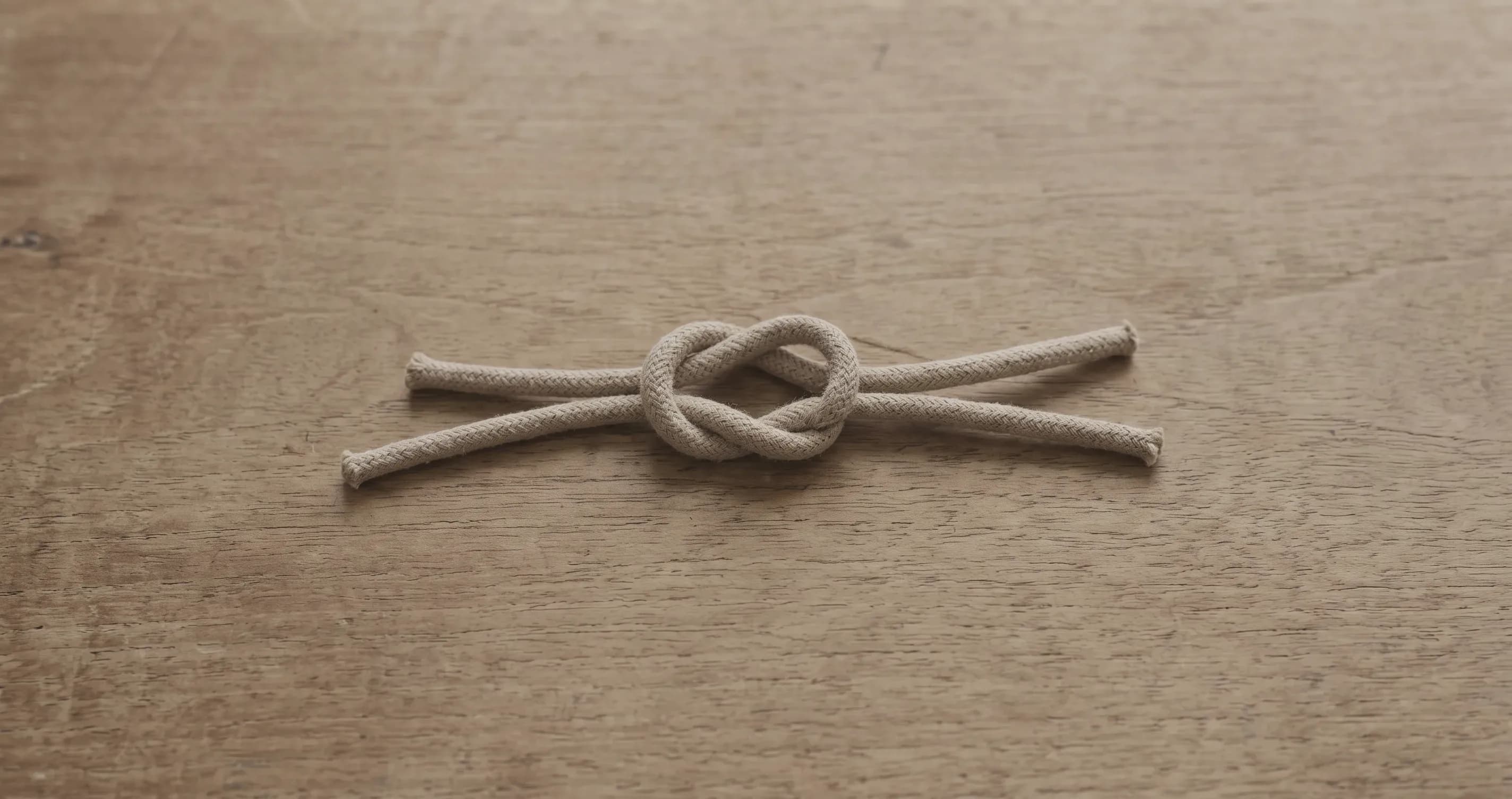 A single knot tied in a length of string on a plain surface.