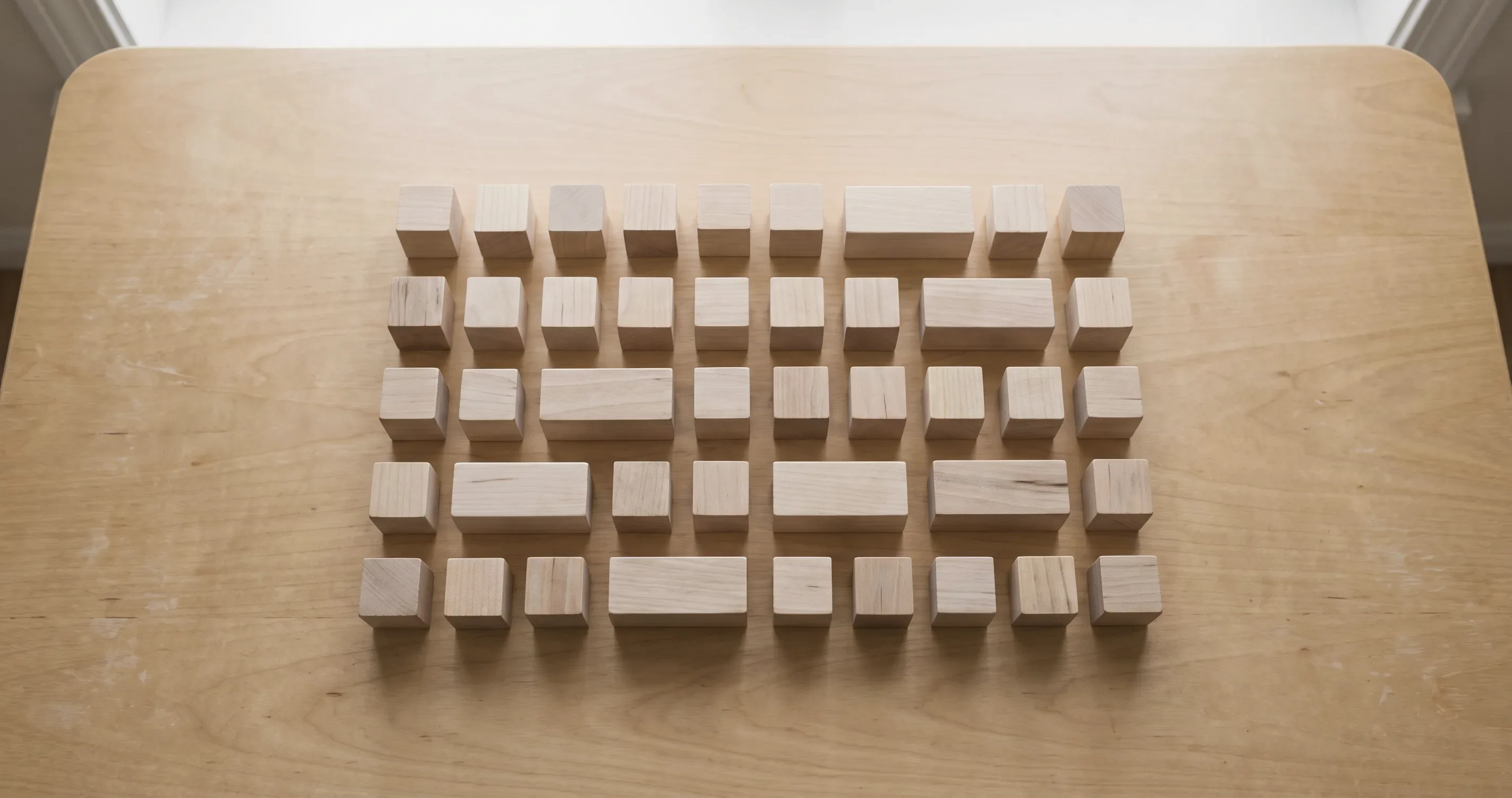A set of stacked wooden building blocks arranged neatly, none of them assembled into anything.