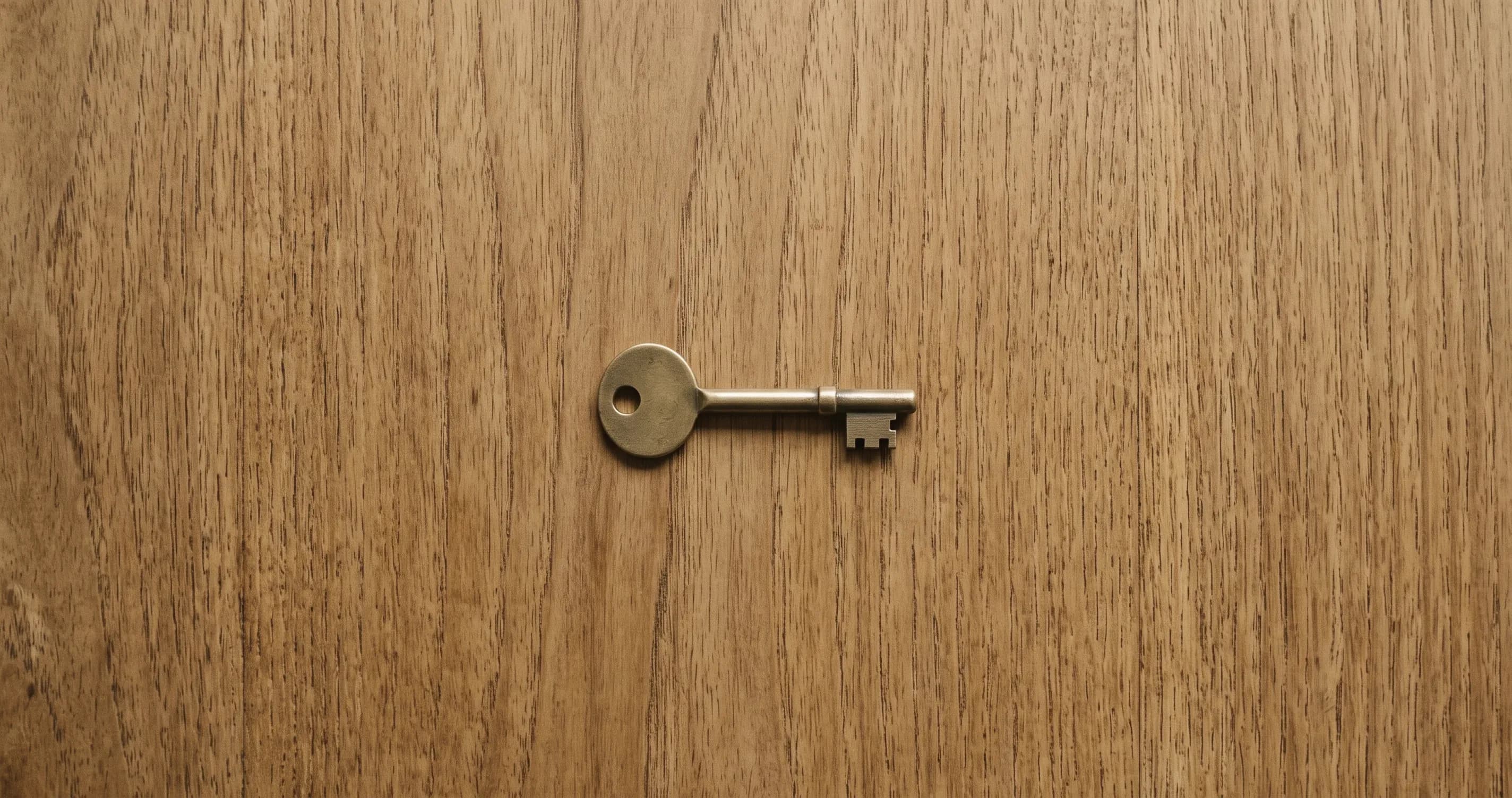 A small brass key lying on a plain wooden table.