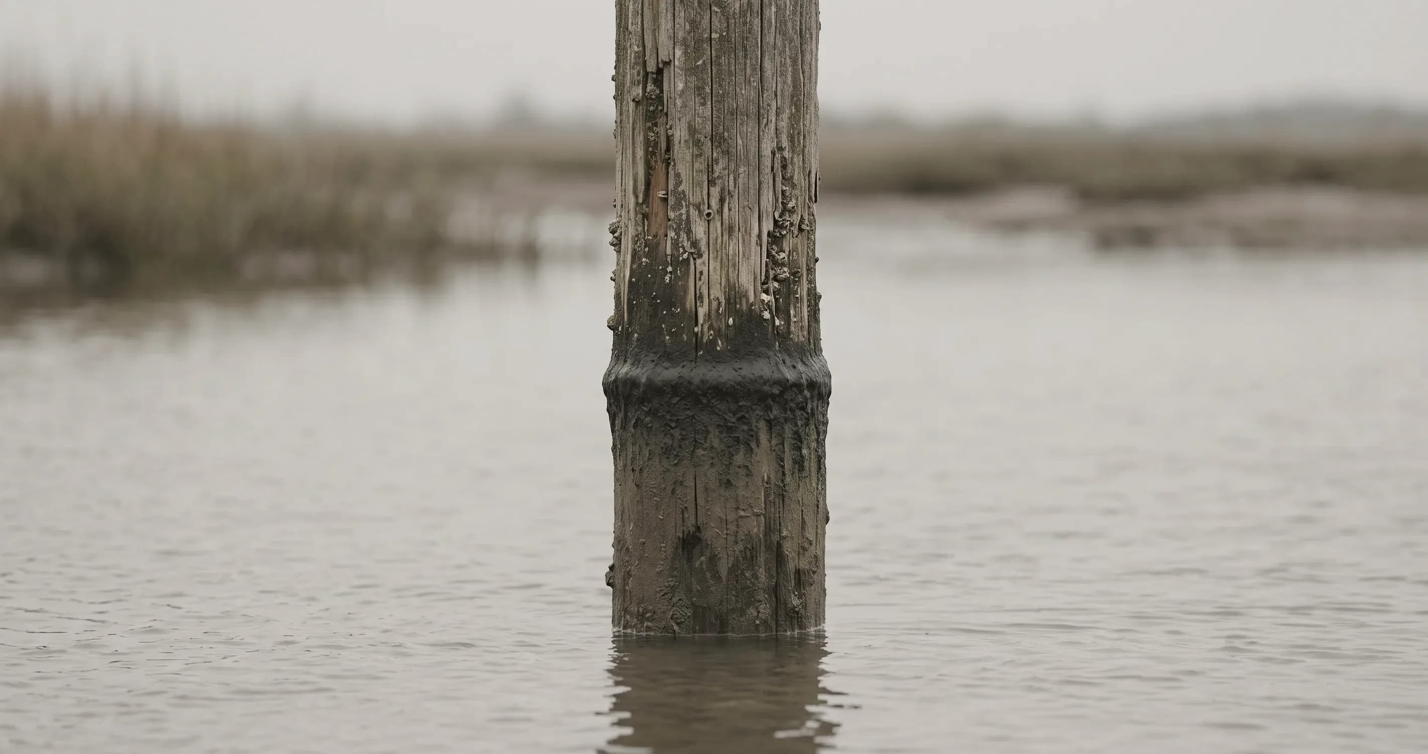A weathered wooden post standing in still water, a dark tide line marking where the water once reached.