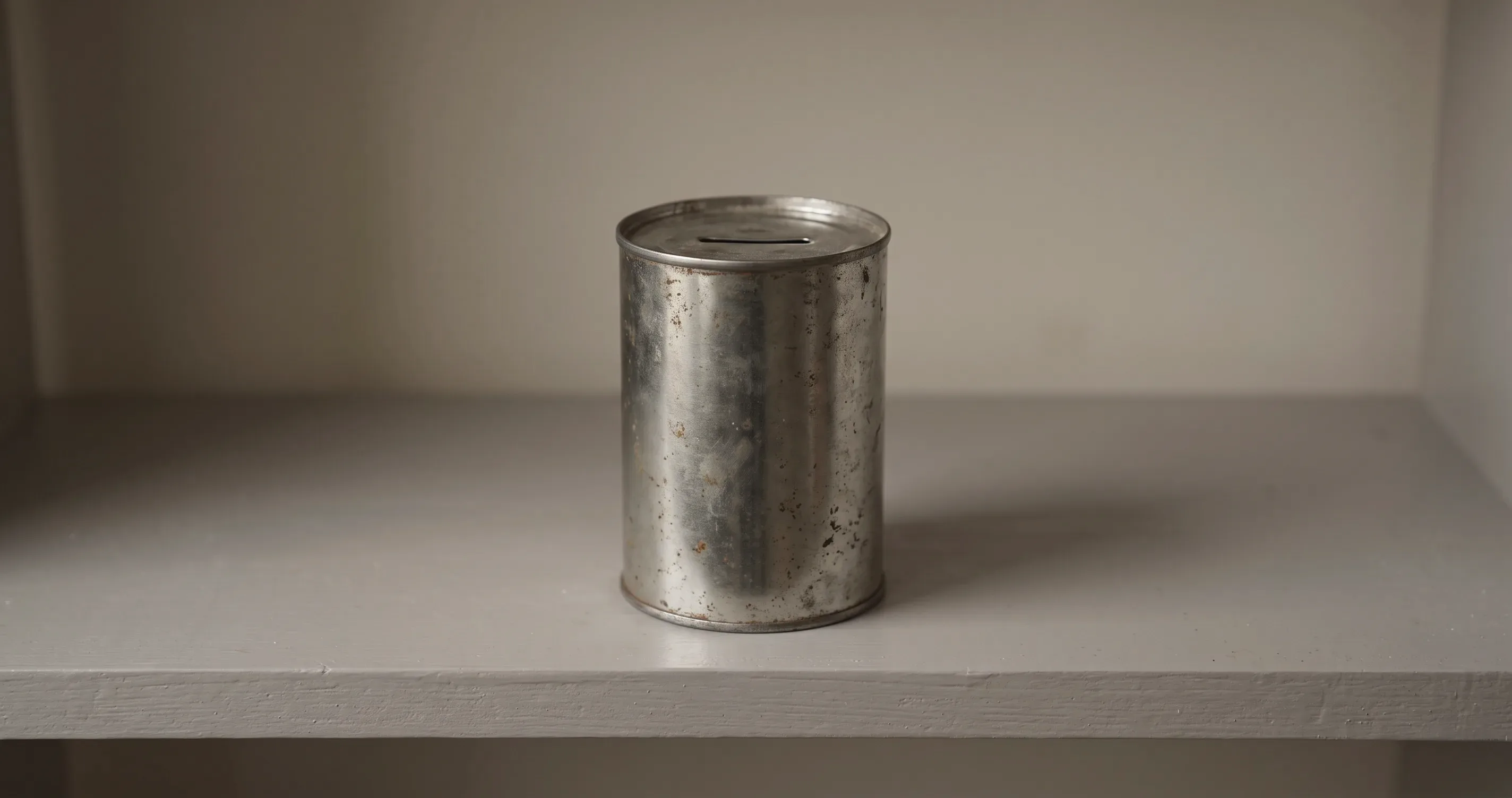 A closed metal savings tin on a plain shelf.