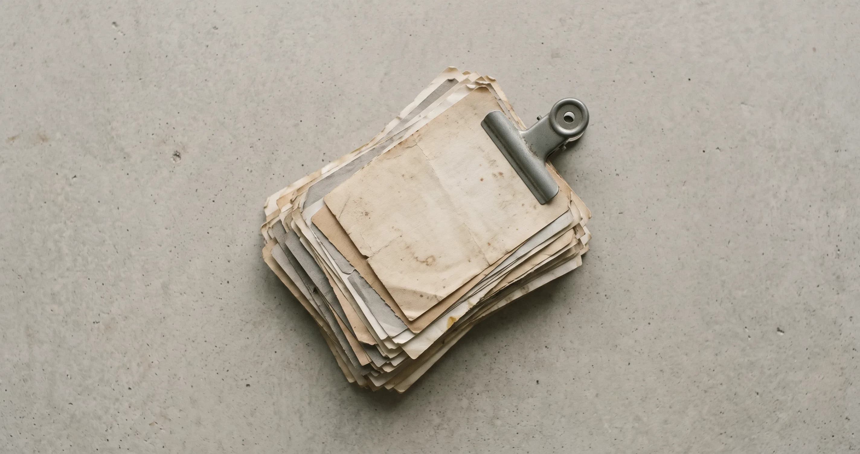 A stack of old paper receipts held together with a bulldog clip.