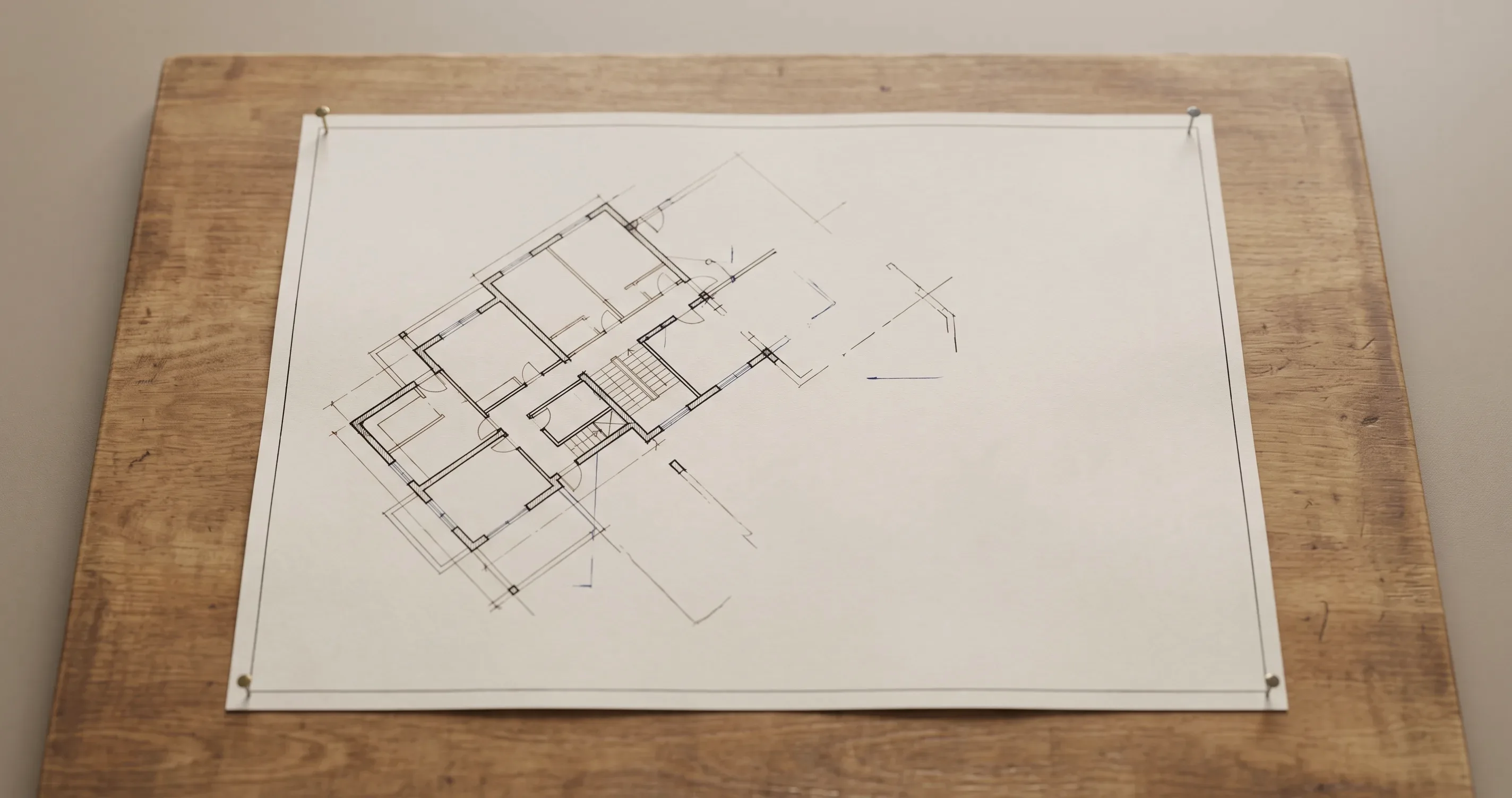 An architect's drawing board with a partly finished plan pinned to it.