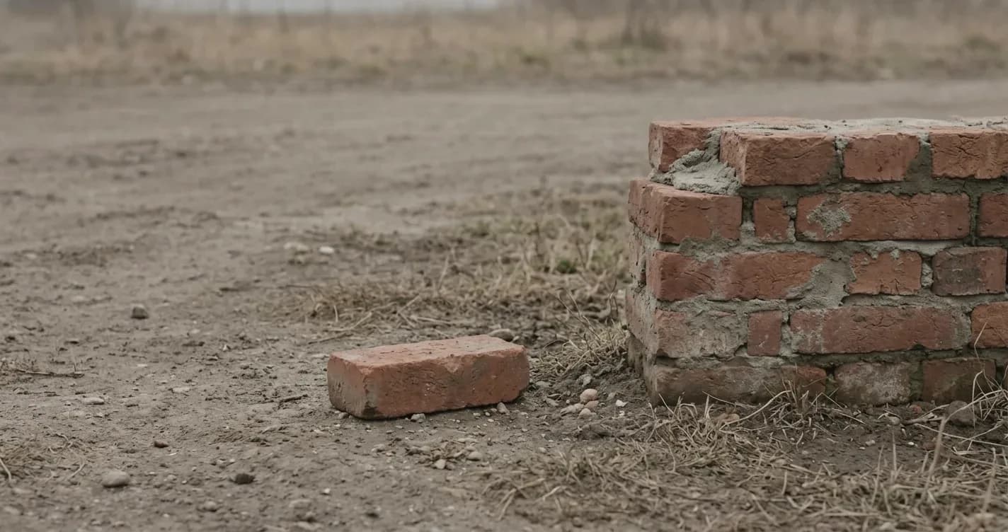 A single brick lying on a plain surface beside a low unfinished wall.