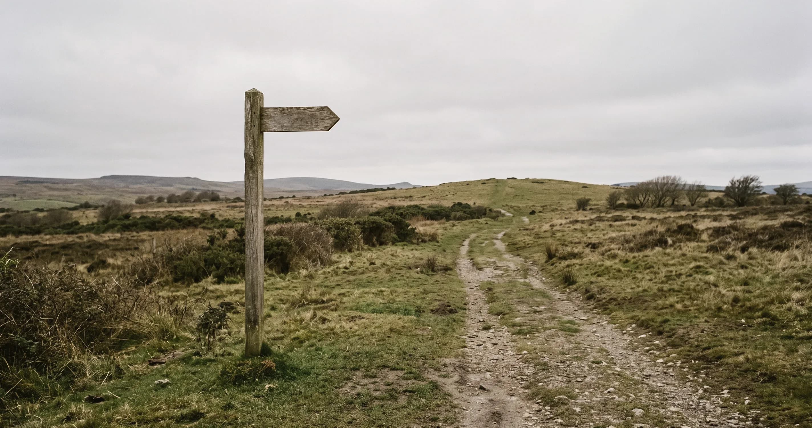 A signpost in open countryside pointing along a path, with the destination out of sight.