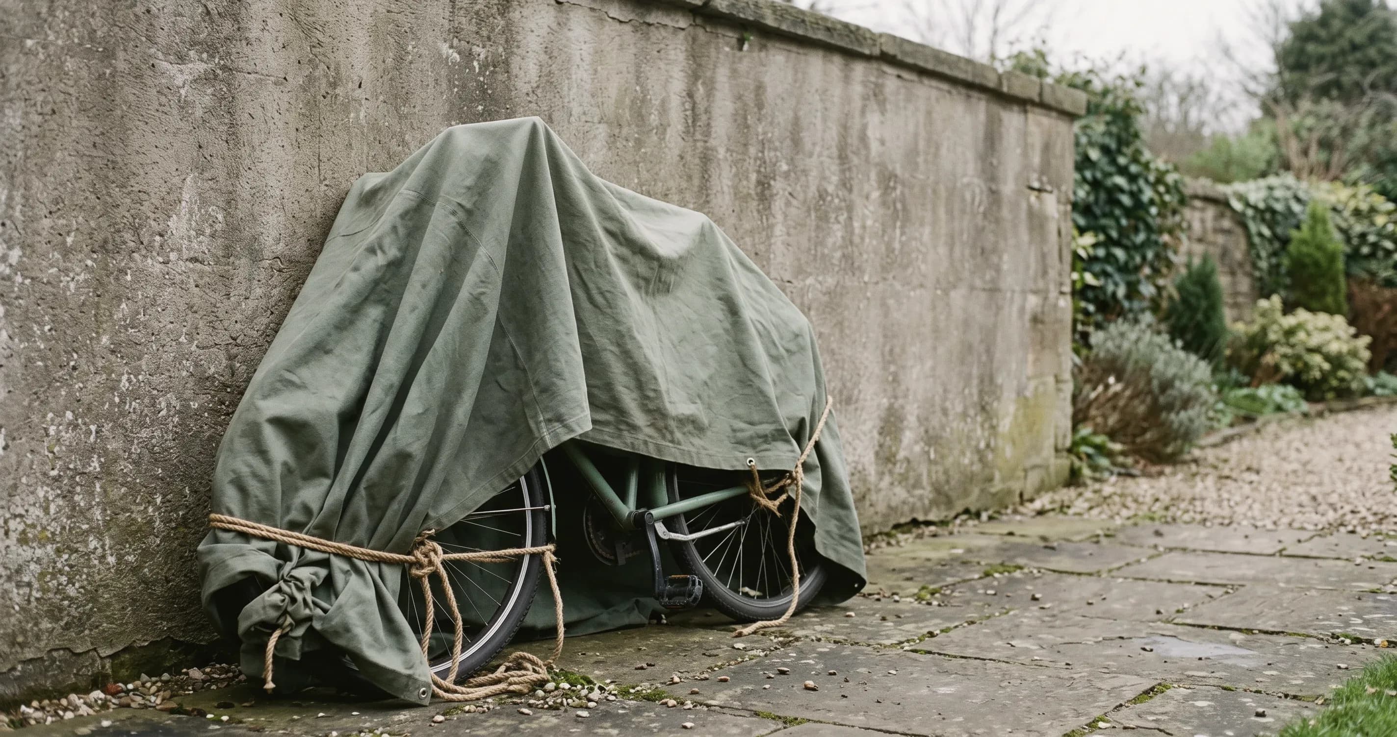 A bicycle covered with a tarpaulin, leaning against a garden wall.