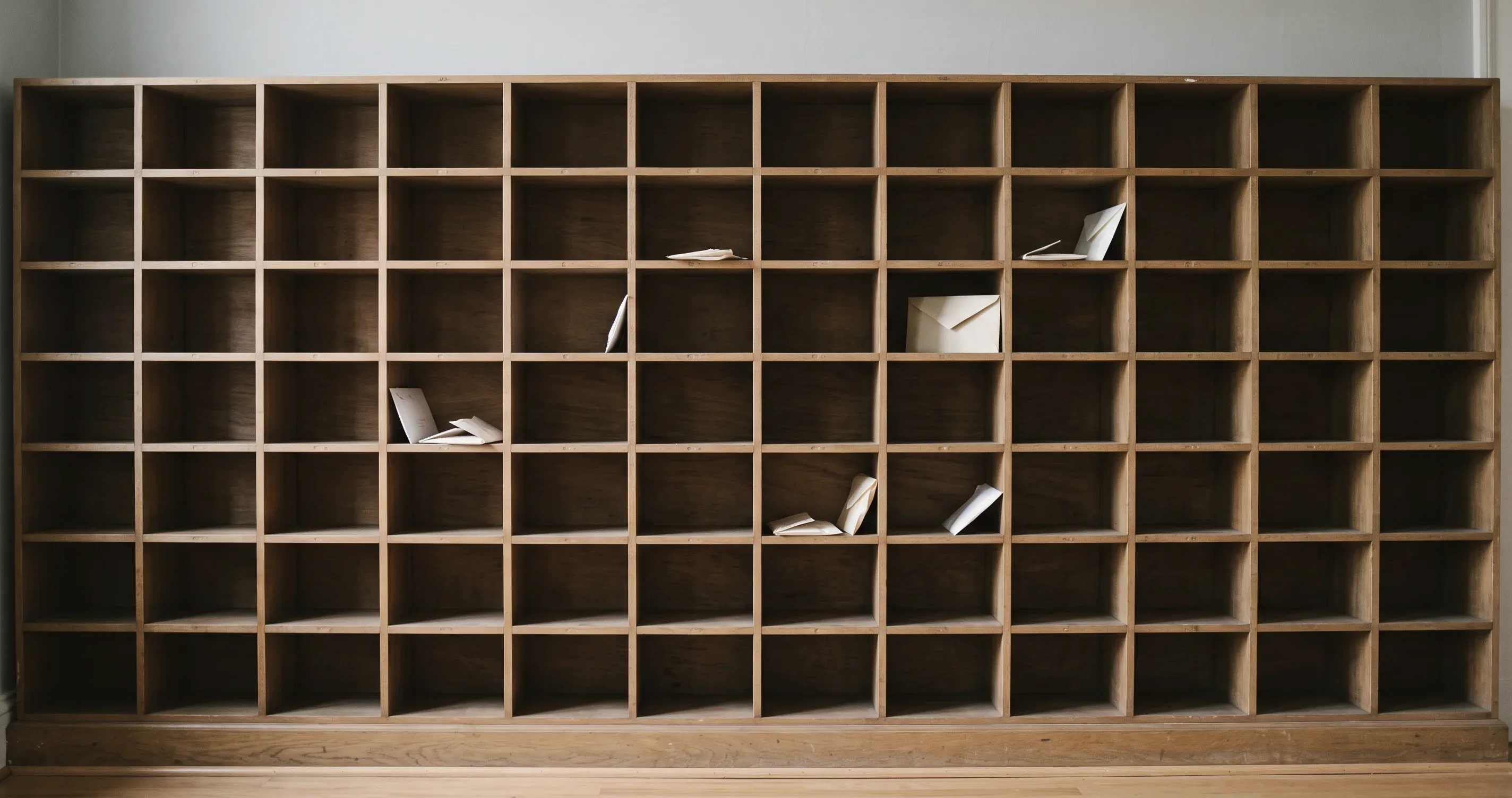A row of pigeonholes on a wall, most empty, a few holding envelopes.