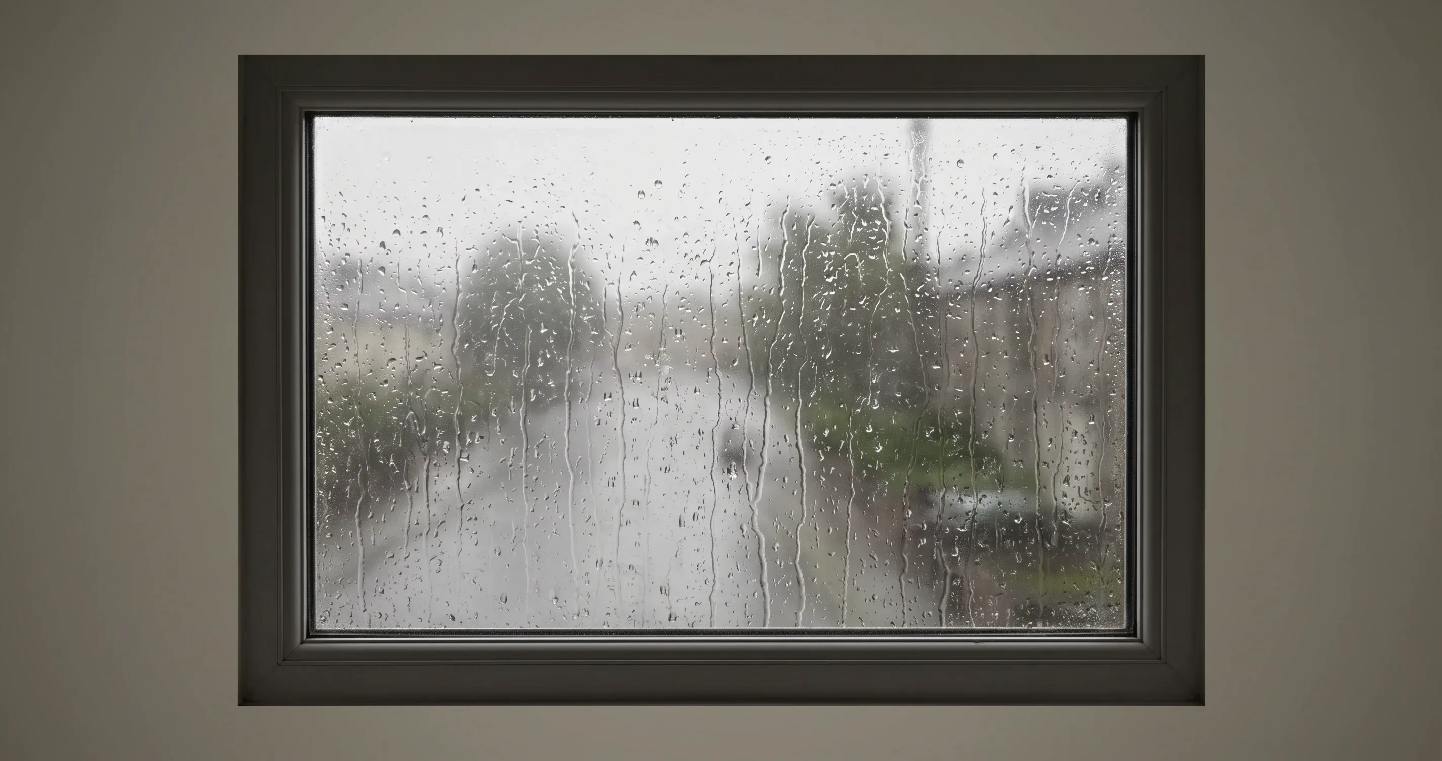 A window with rain running down it, the view outside blurred and grey.