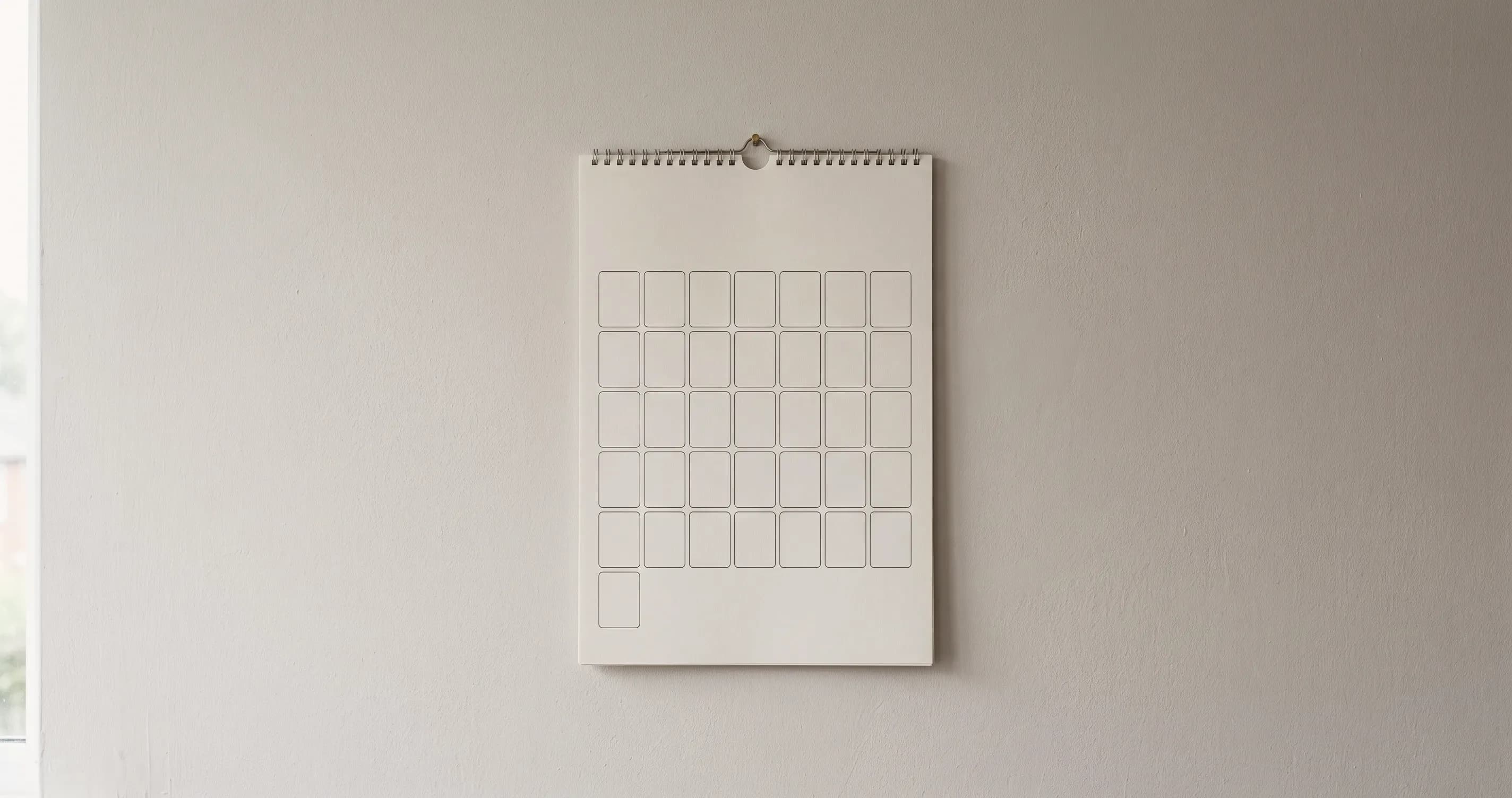 A blank wall calendar with no writing on any of the days.