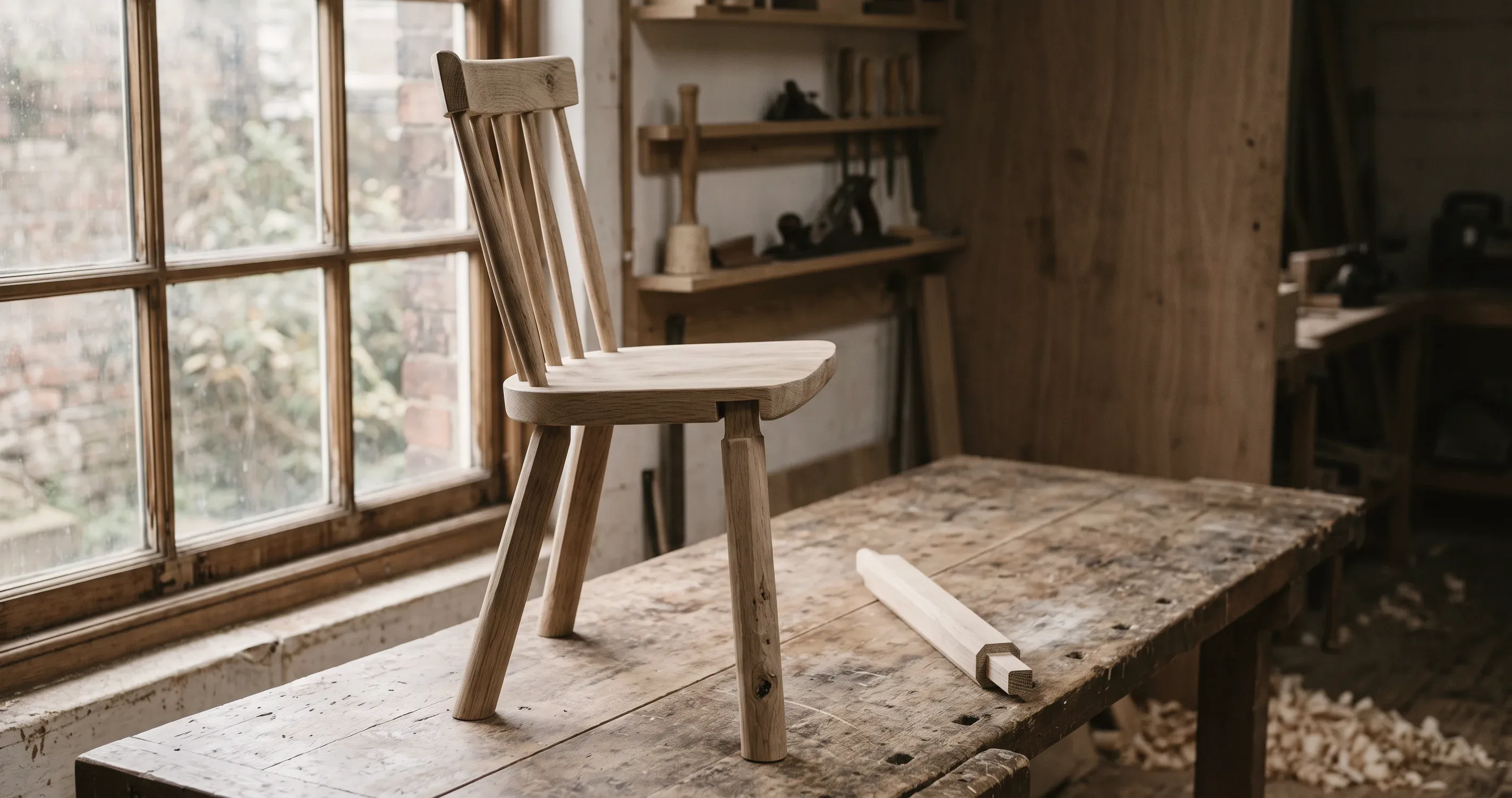 An unfinished wooden chair in a workshop, one leg not yet attached.