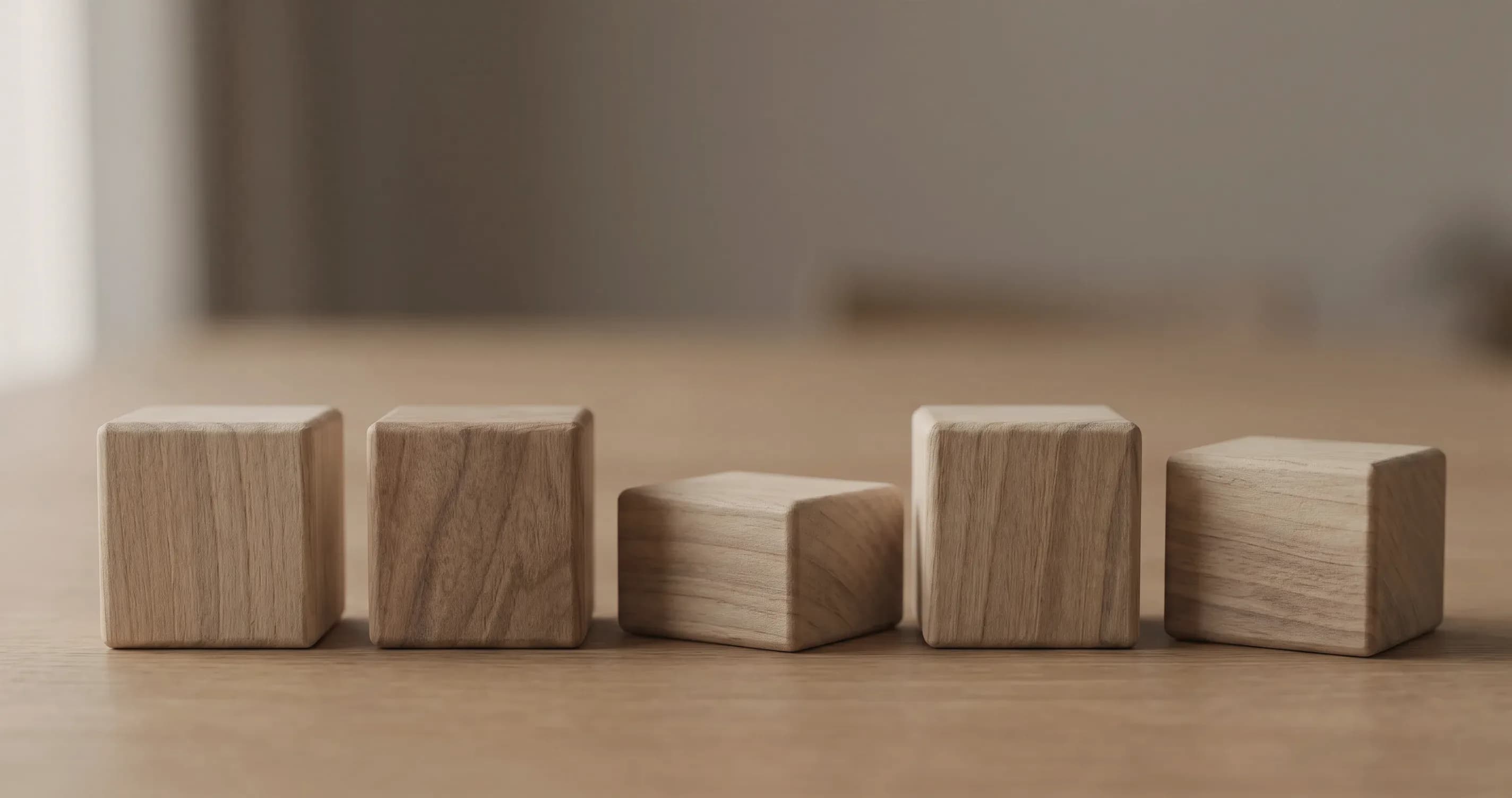 Five wooden blocks in a row on a plain table, three upright and two tipped low.