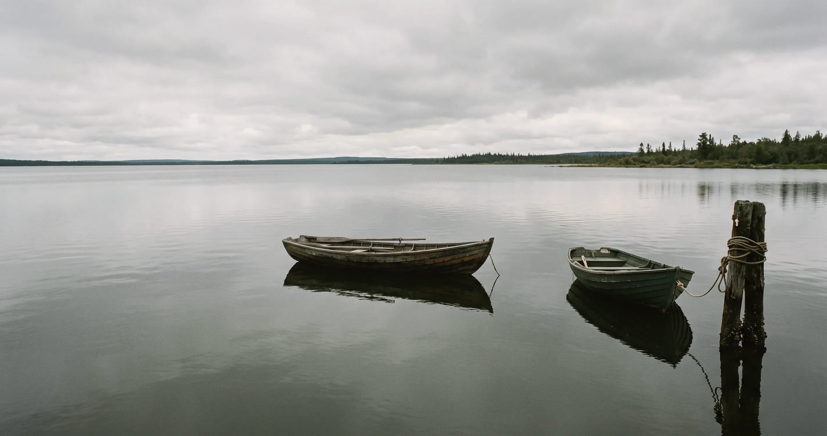 A small rowing boat drifting on flat open water, beside a second boat tied to a mooring post.