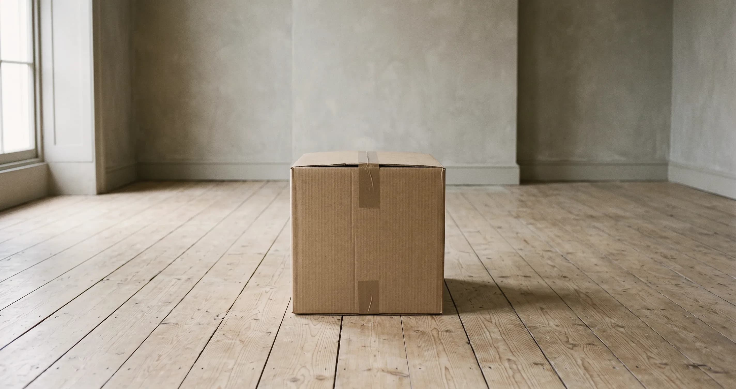 A single unopened cardboard box sitting in the middle of an empty room.