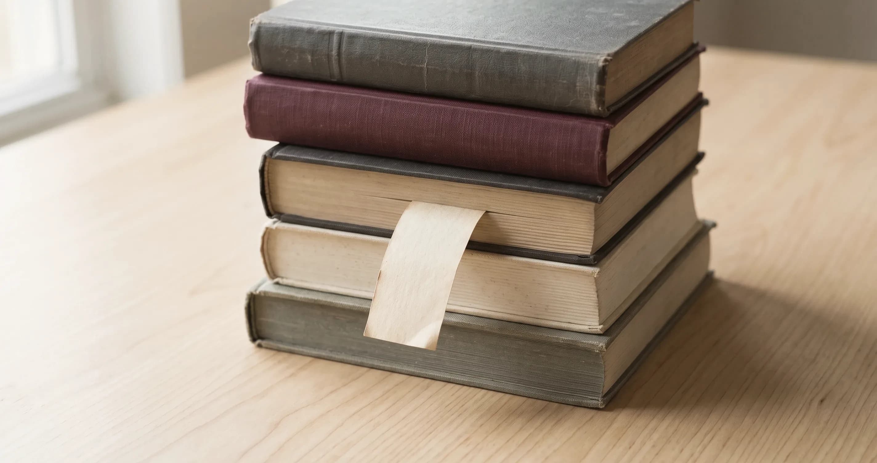 A stack of textbooks on a desk with a bookmark protruding from the middle one.