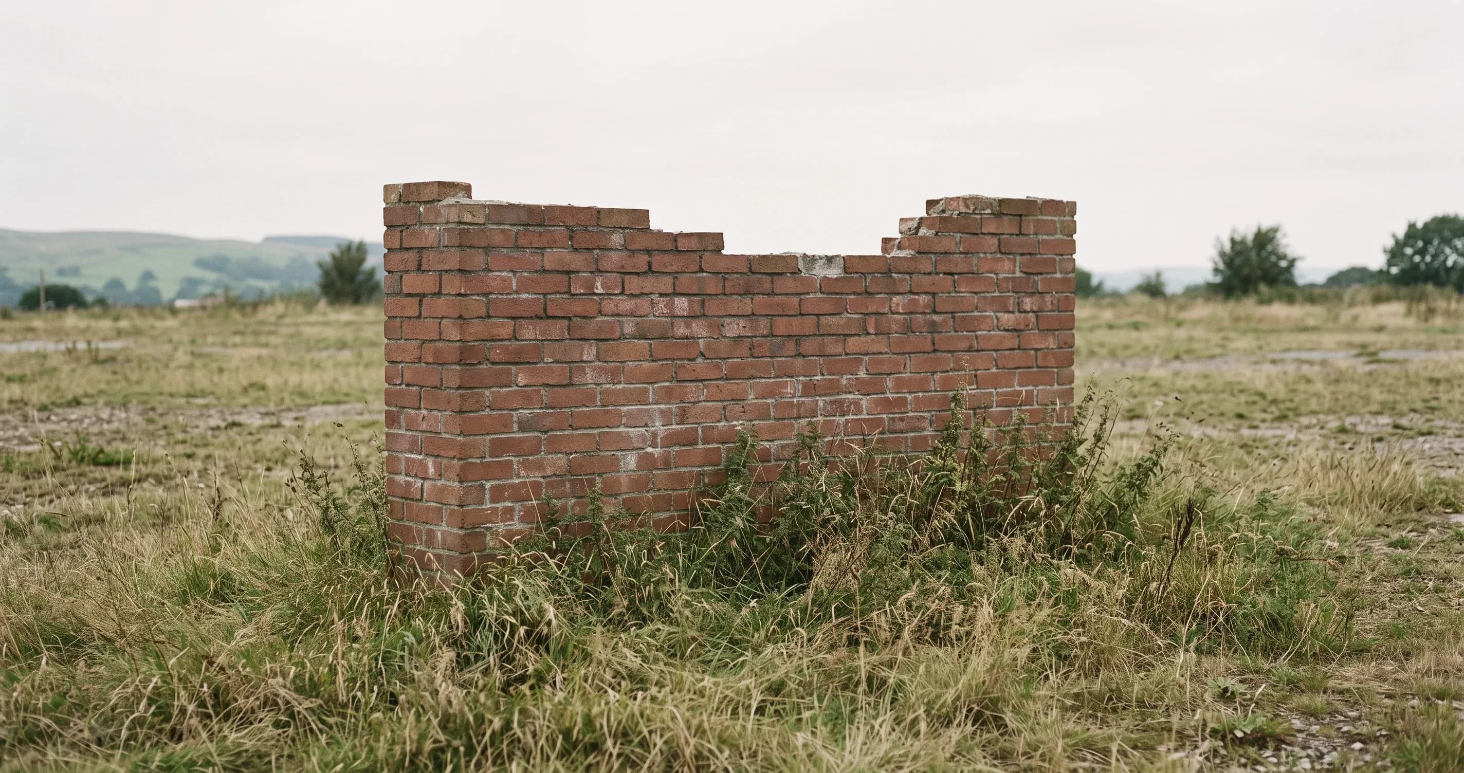 A half-built brick wall standing alone in an empty yard, overgrown at the base.