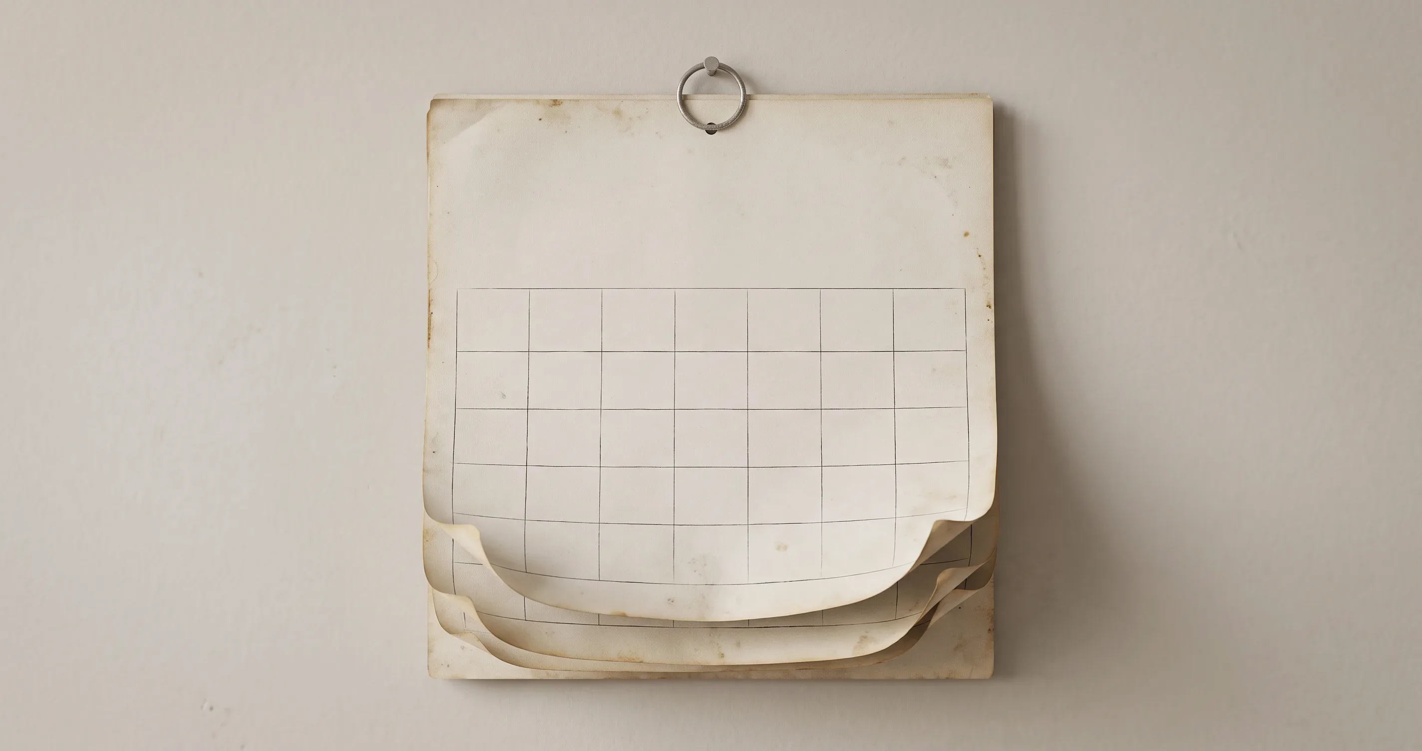 A wall calendar for the past year, curled at the edges, hanging on a plain wall.