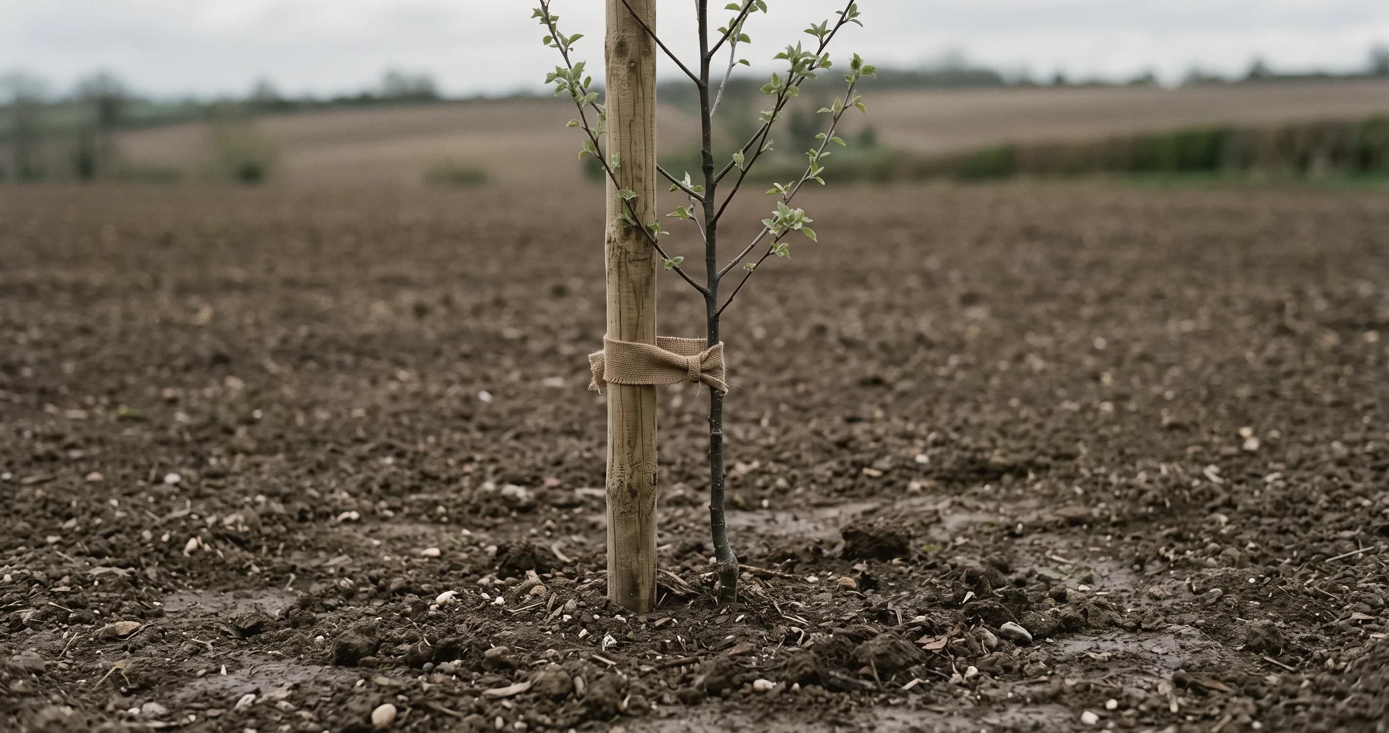 A newly planted sapling supported by a wooden stake in bare ground.