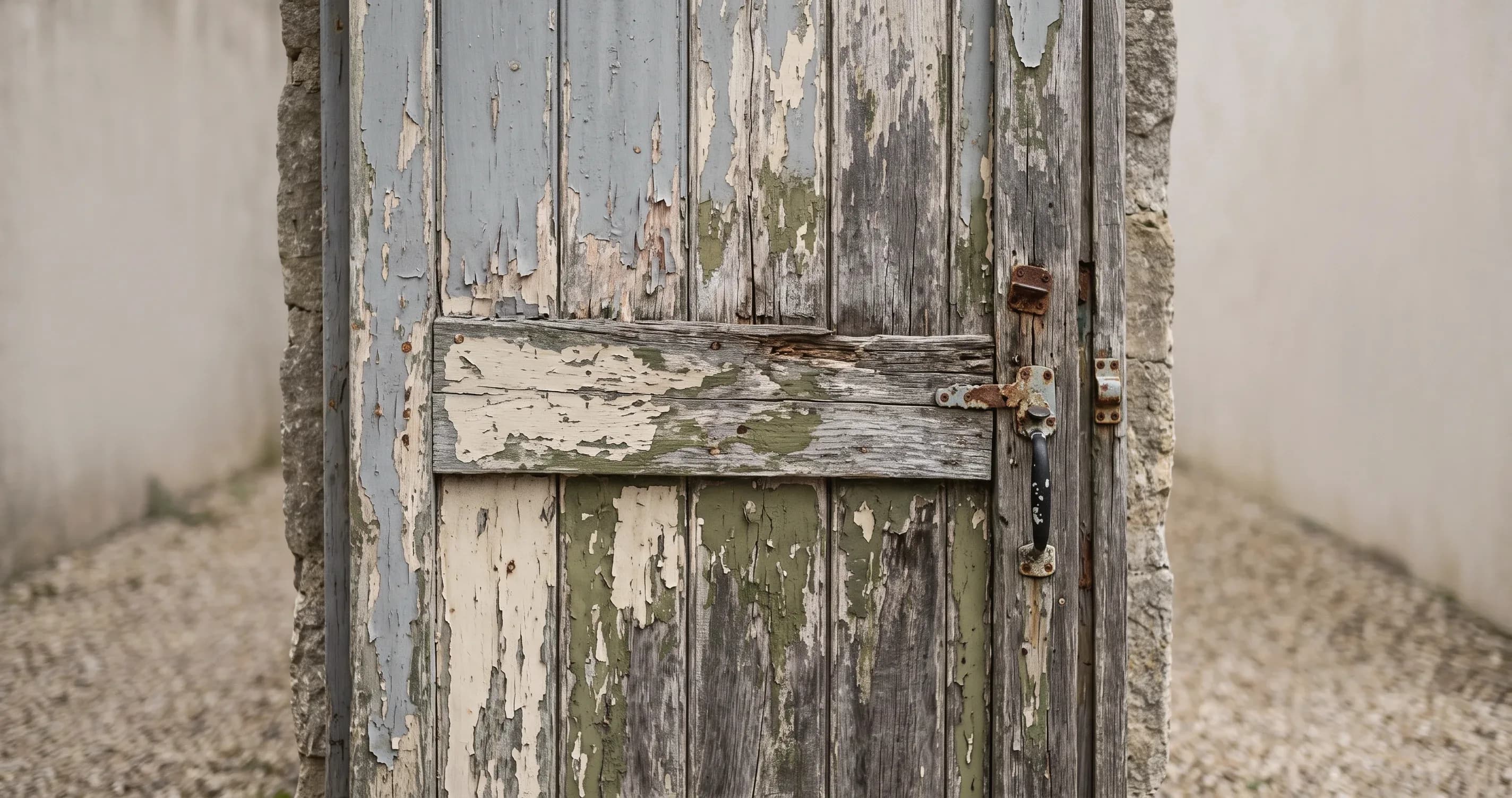 A garden gate with several layers of old paint visible where it has worn through.