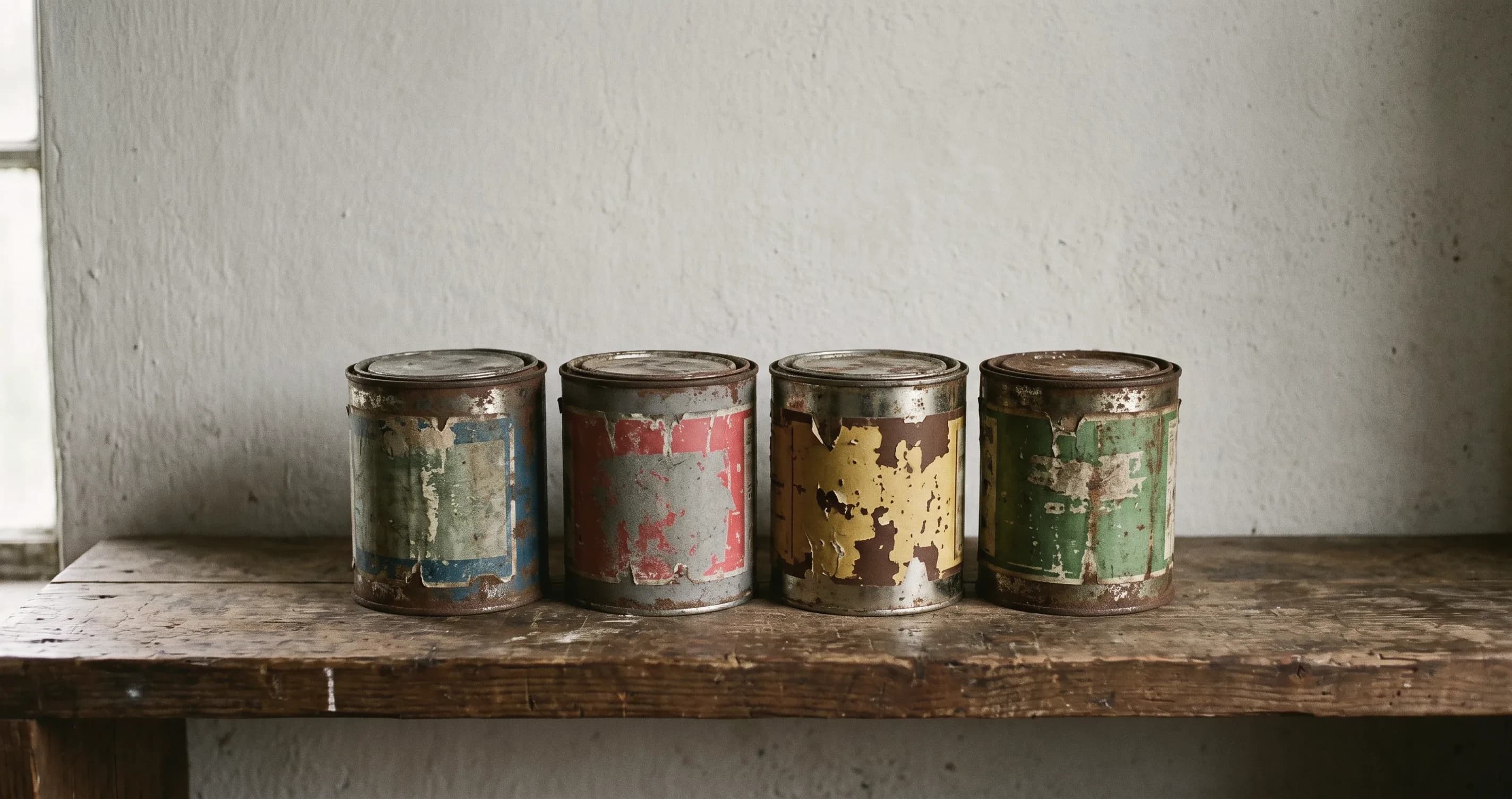 A row of old paint tins on a shelf, lids on, labels faded.