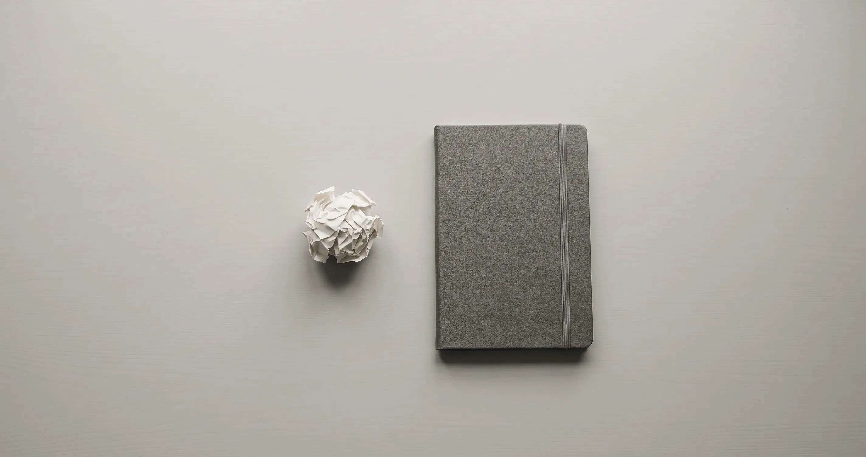 A single crumpled ball of paper on a plain desk beside a closed notebook.