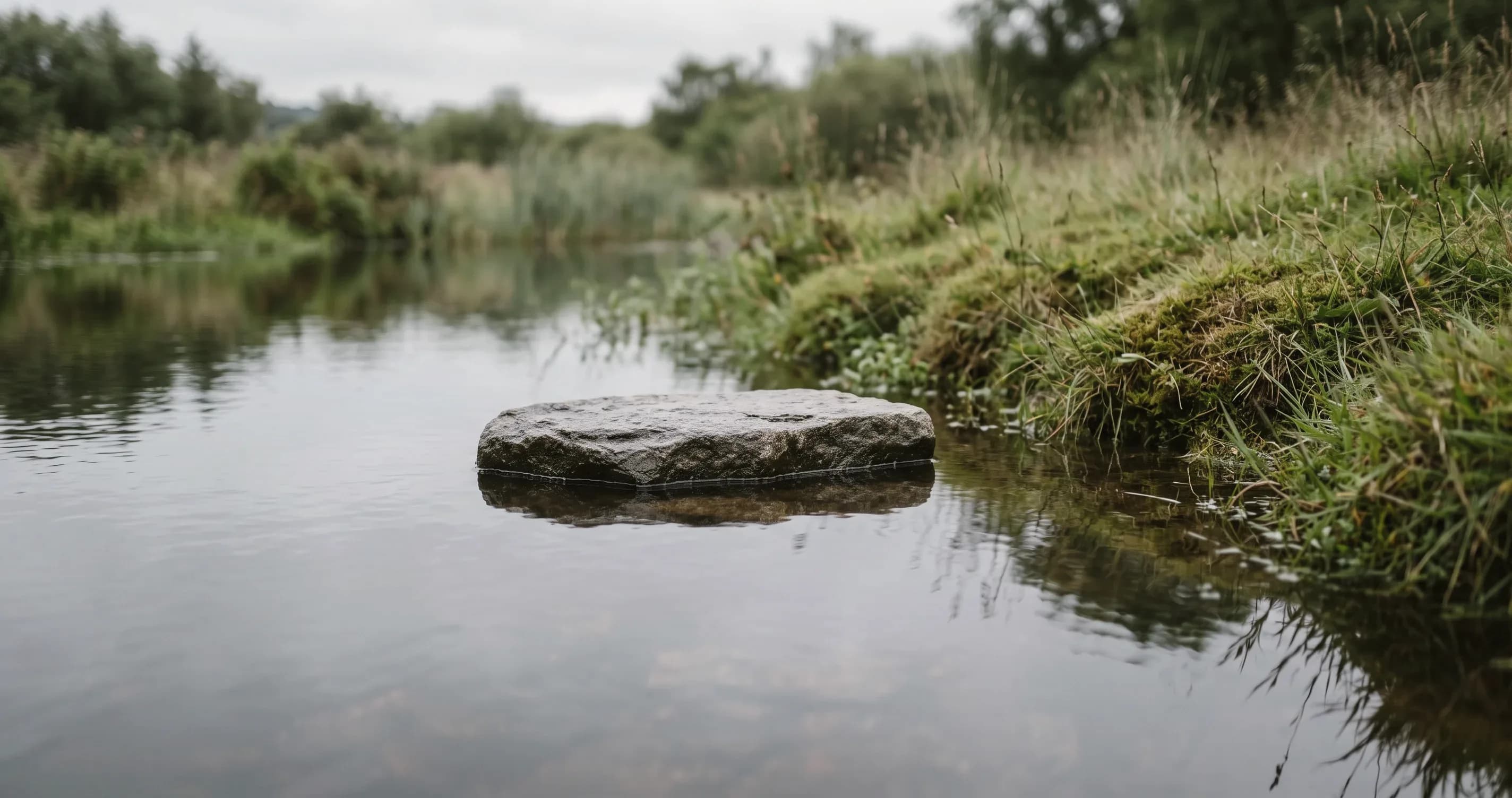 A single stepping stone in shallow water, close to the bank.