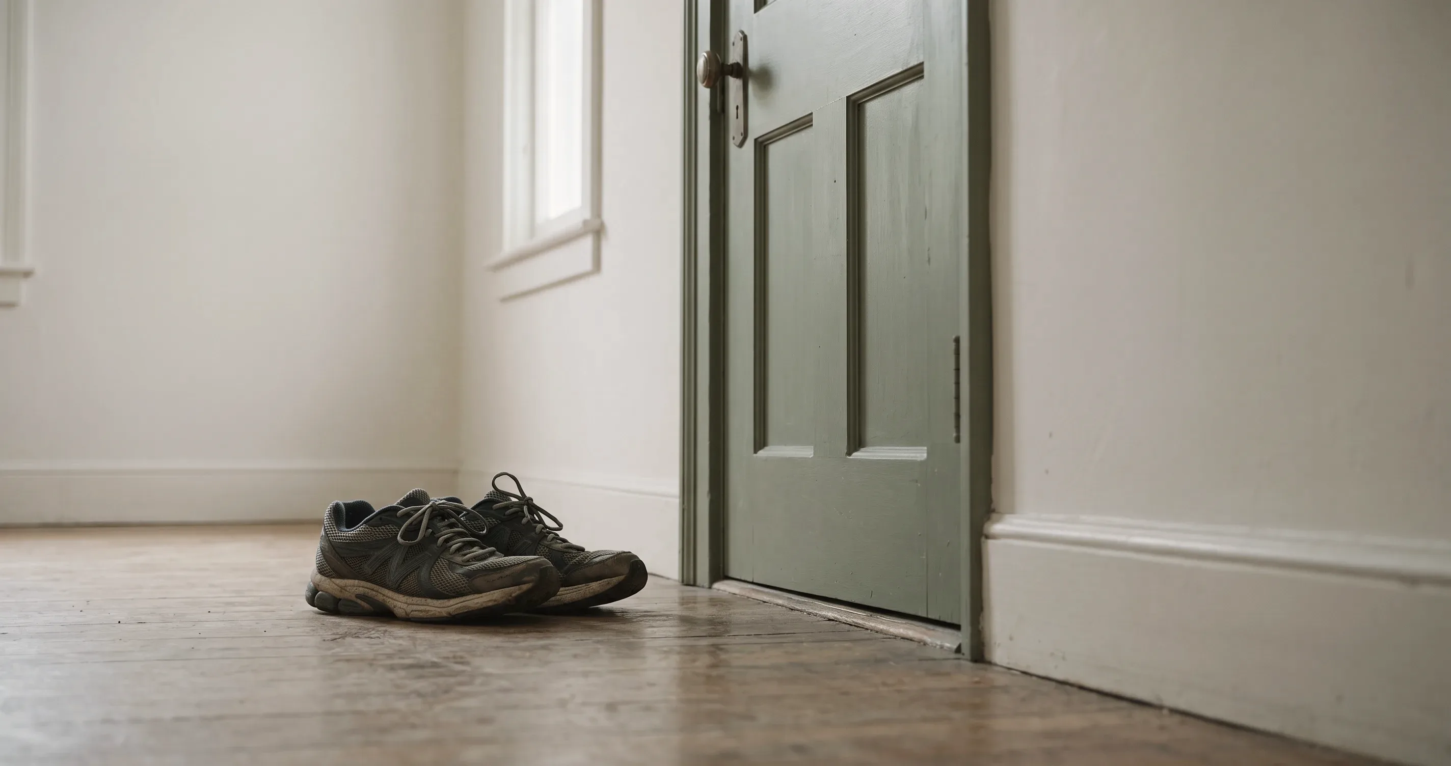 A pair of running shoes sitting by a closed front door, unused.