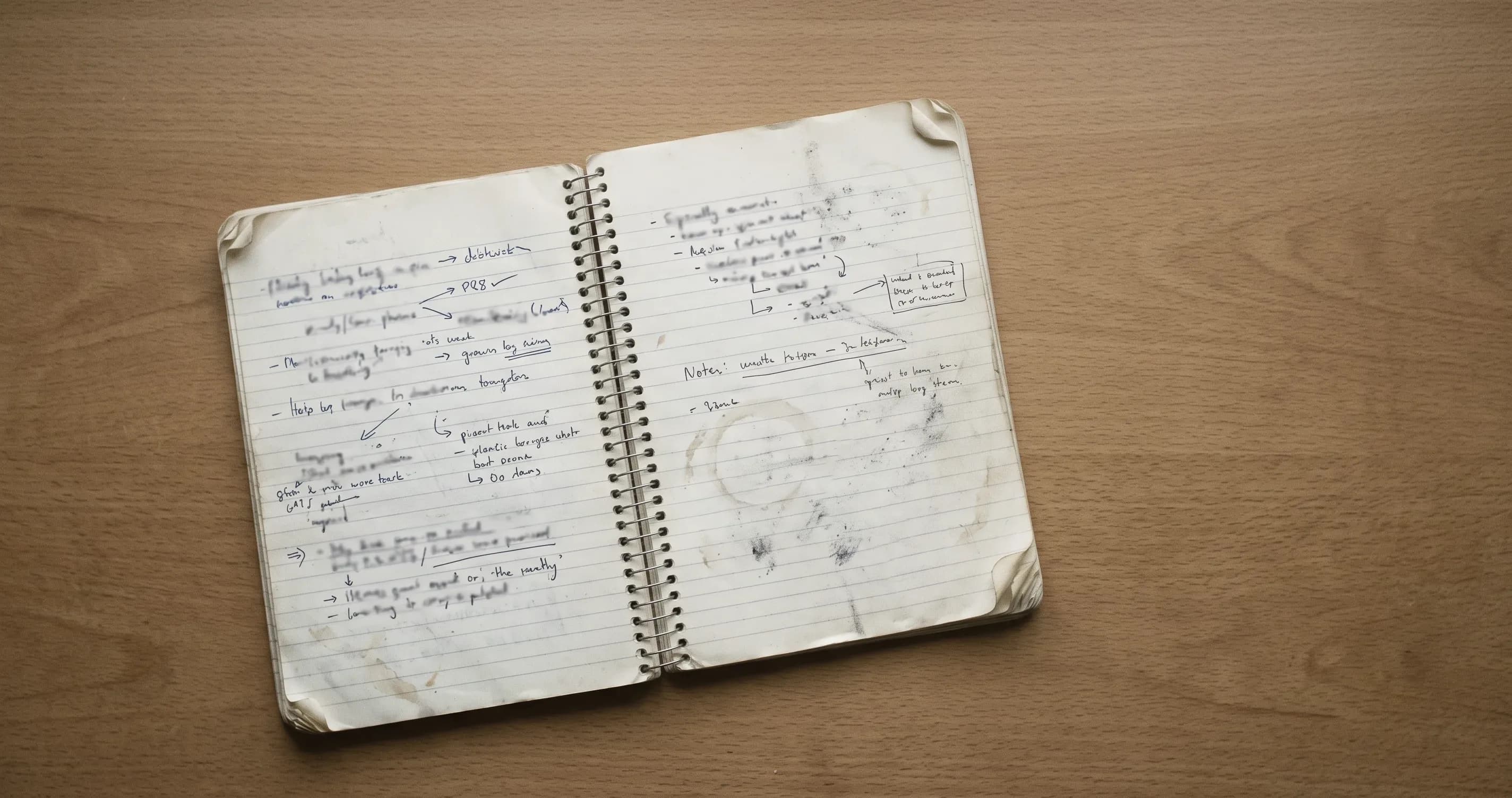 A cheap spiral notebook lying open on a desk, pages curled from use.
