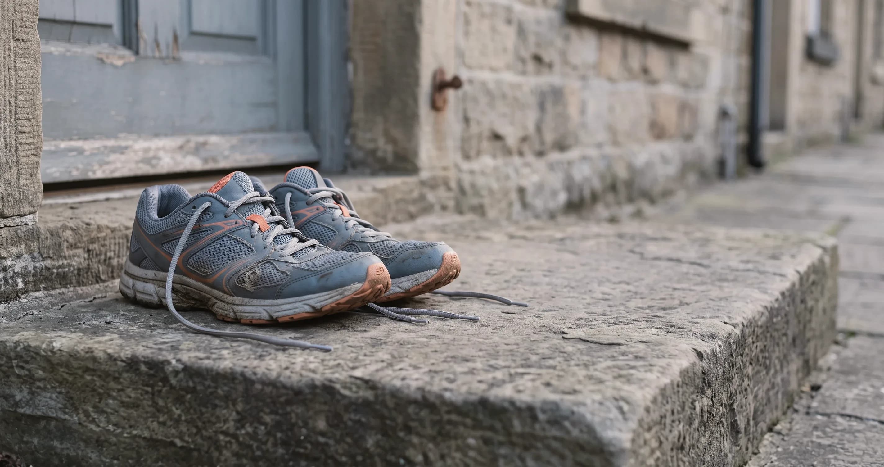 A pair of running shoes on a doorstep in early morning light.