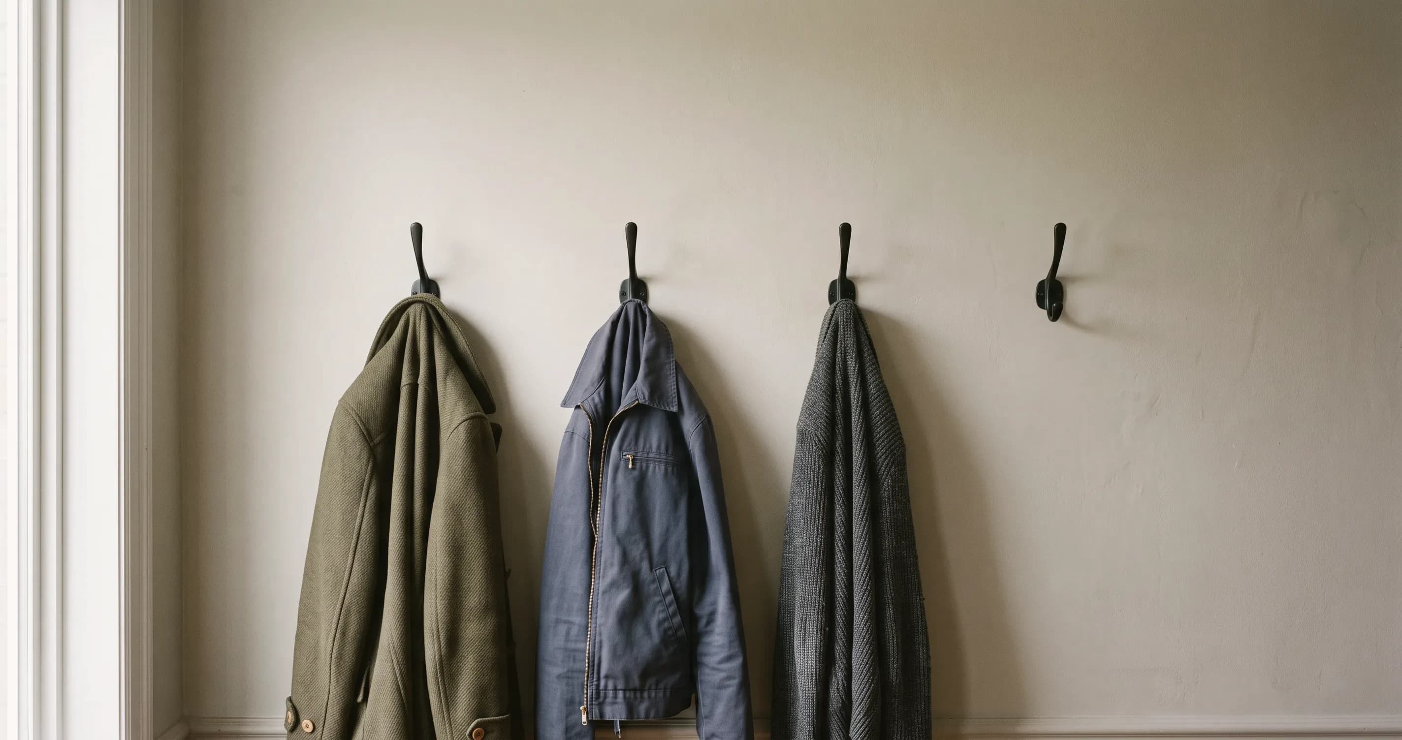 A row of four coat hooks on a plain wall, three with coats and one empty.