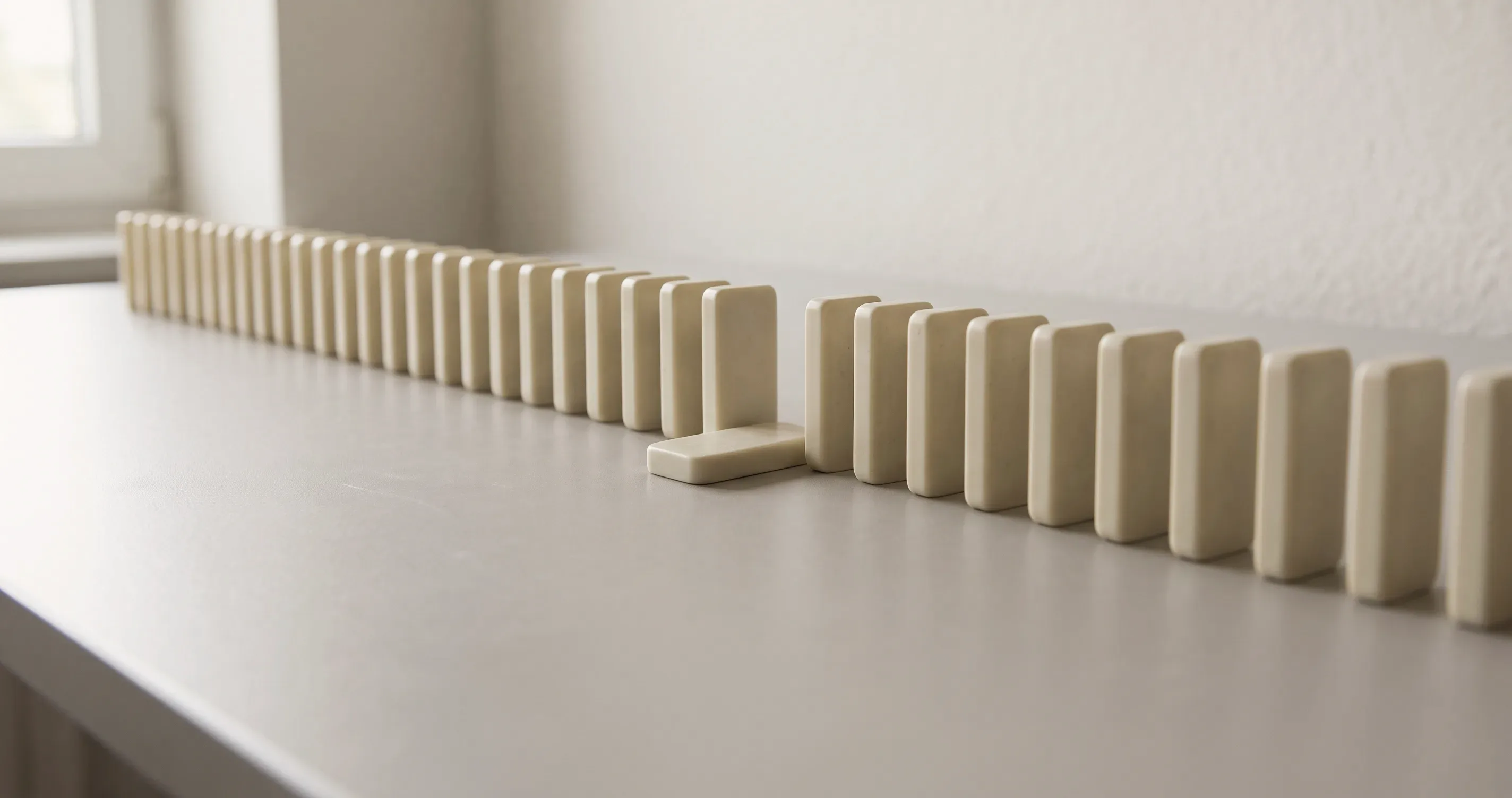 A long line of dominoes standing on a table with a single gap part way along.