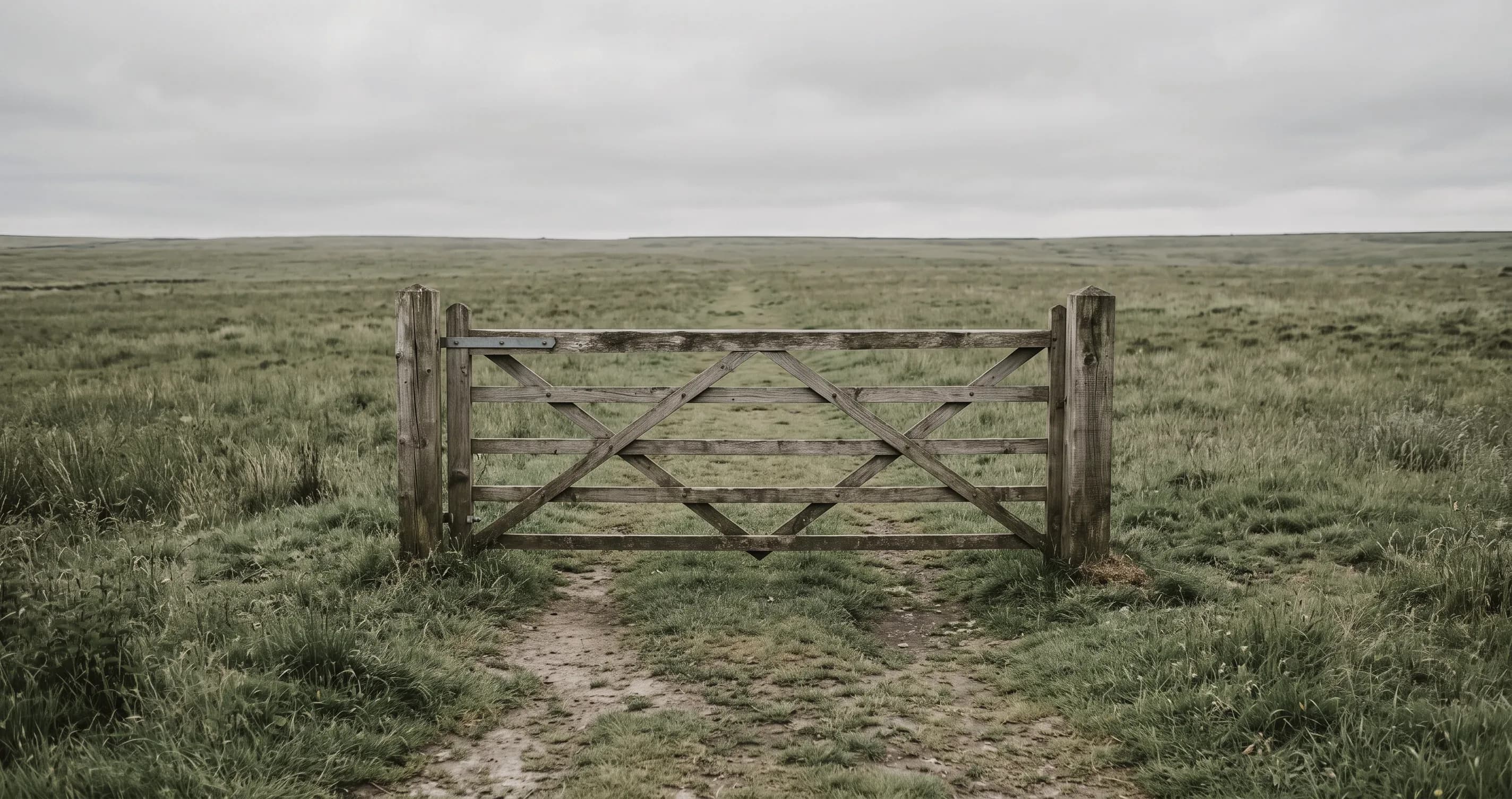 A closed gate across an open path in a field, with no fence on either side.