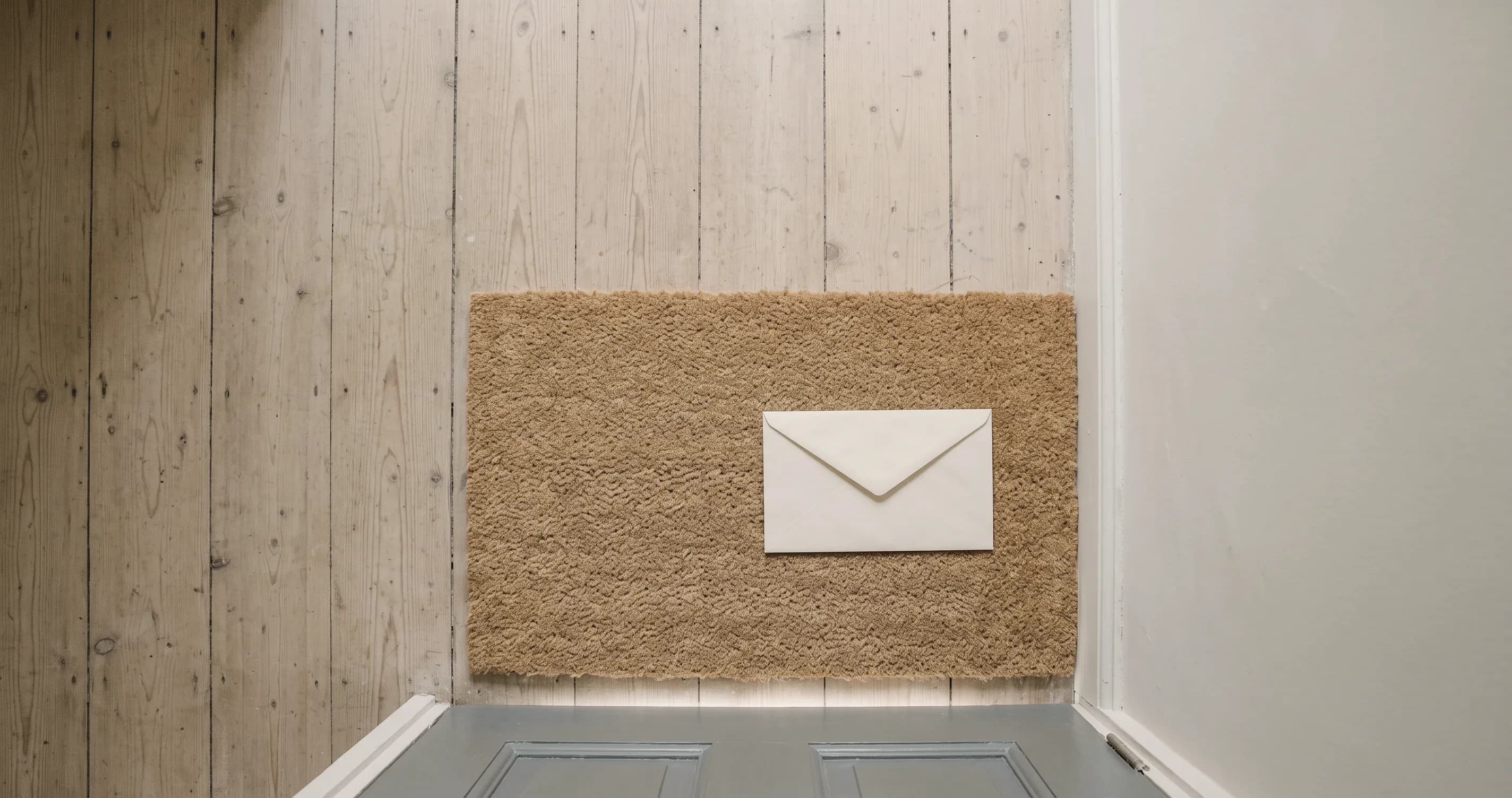 A single unopened envelope lying on a doormat in an empty hallway.