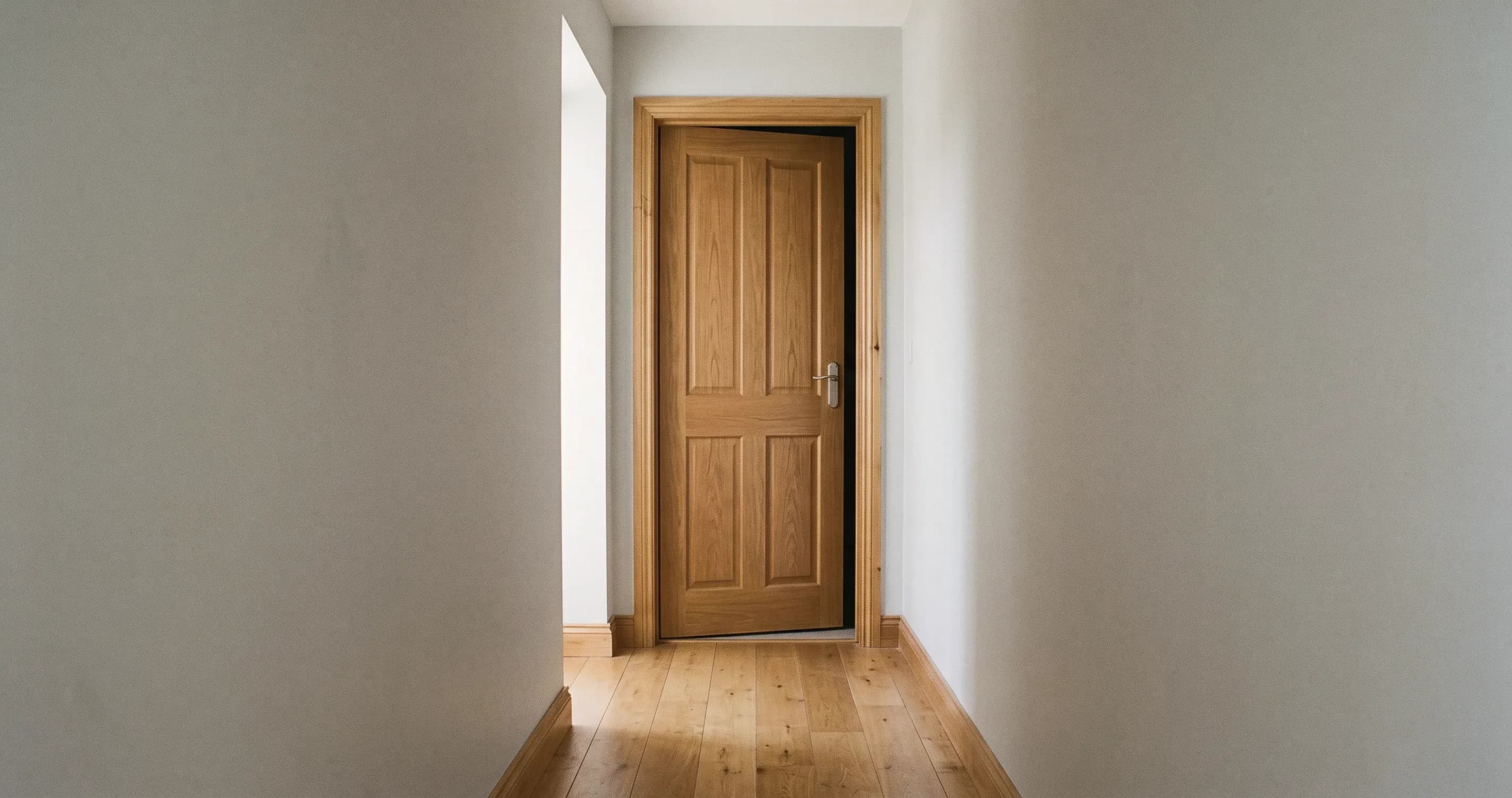 A closed door at the end of a plain hallway, slightly ajar.