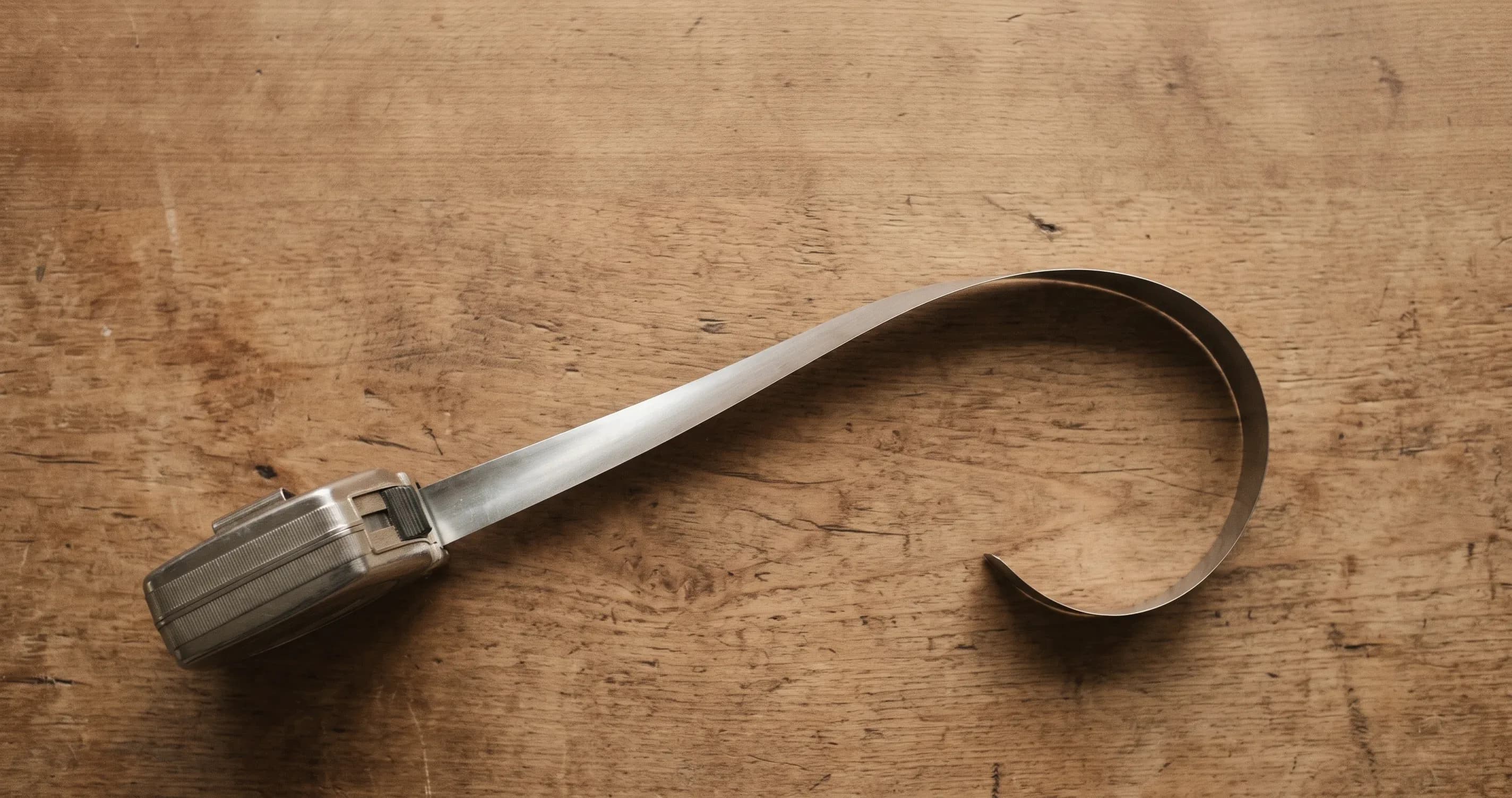 A tape measure partly extended across a plain wooden surface.
