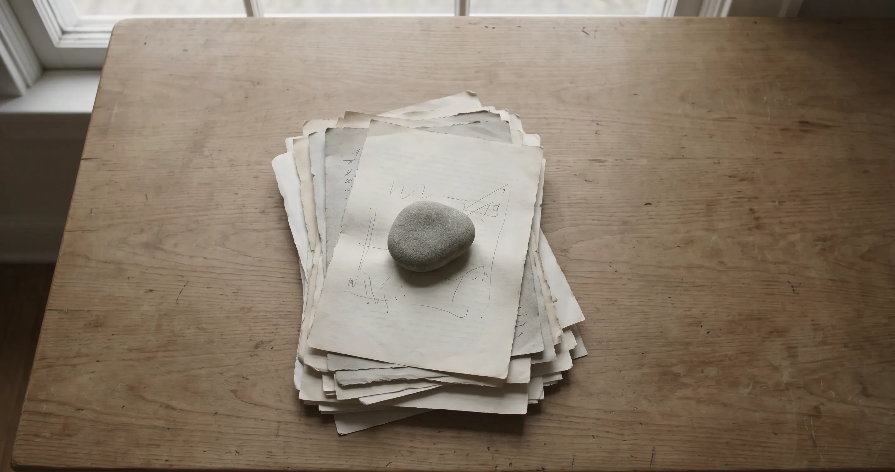A stack of loose manuscript pages held down by a stone on a desk.
